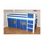 HomeStyle4U Lit Simple Blanc 90x200 en hauteur avec echelle et rideau bleu