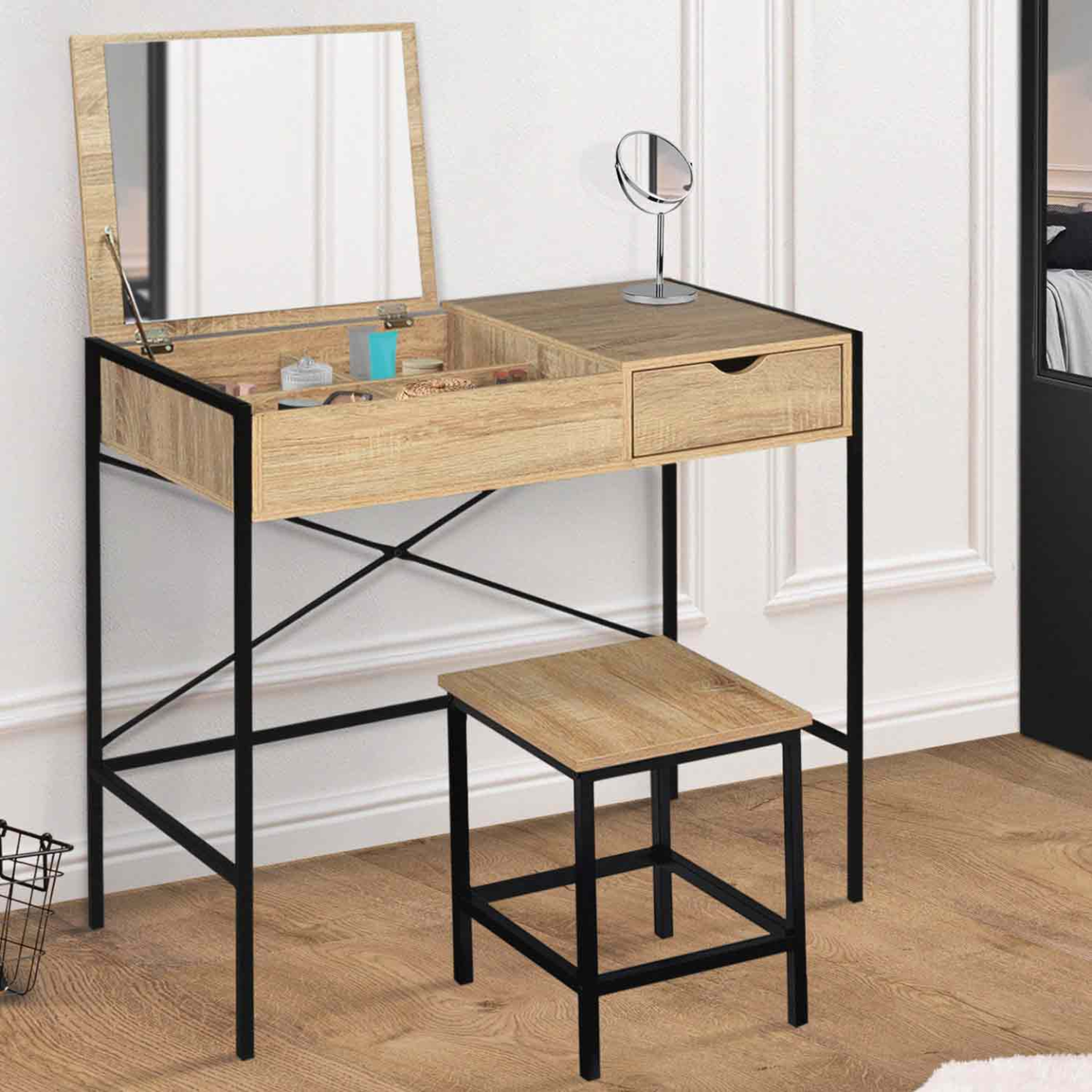 Voir la diapositive 2 : ID MARKET Coiffeuse luis miroir rabattable avec tabouret design industriel