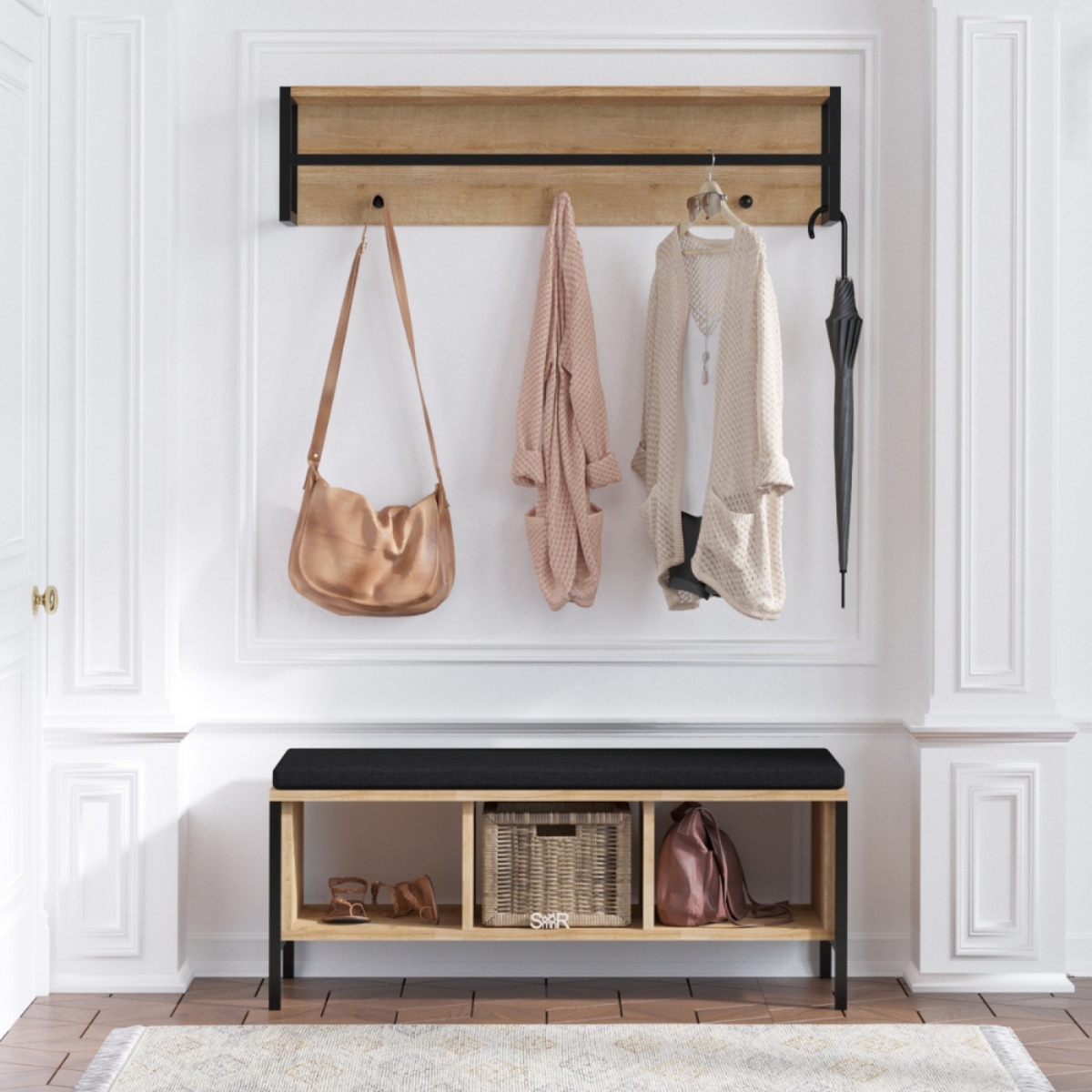 CONCEPT USINE Meuble d'entrée mural bois et noir avec 3 niches TORUN