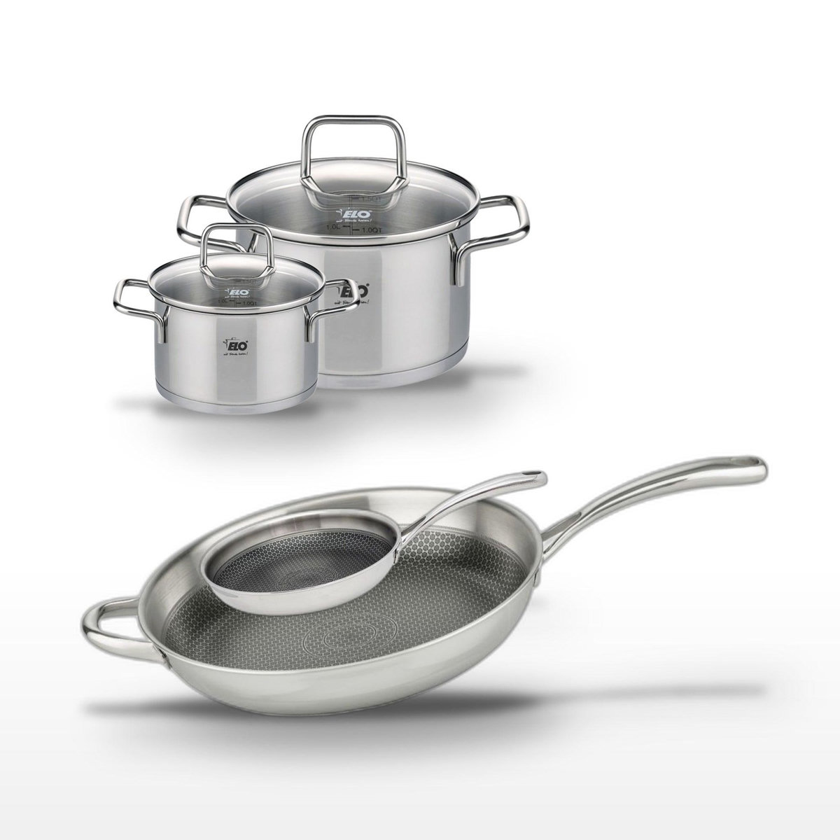 ELO Lot de 2 Poêles 32/24 cm et 2 Faitouts 20/14 cm Elo Relief Evolution