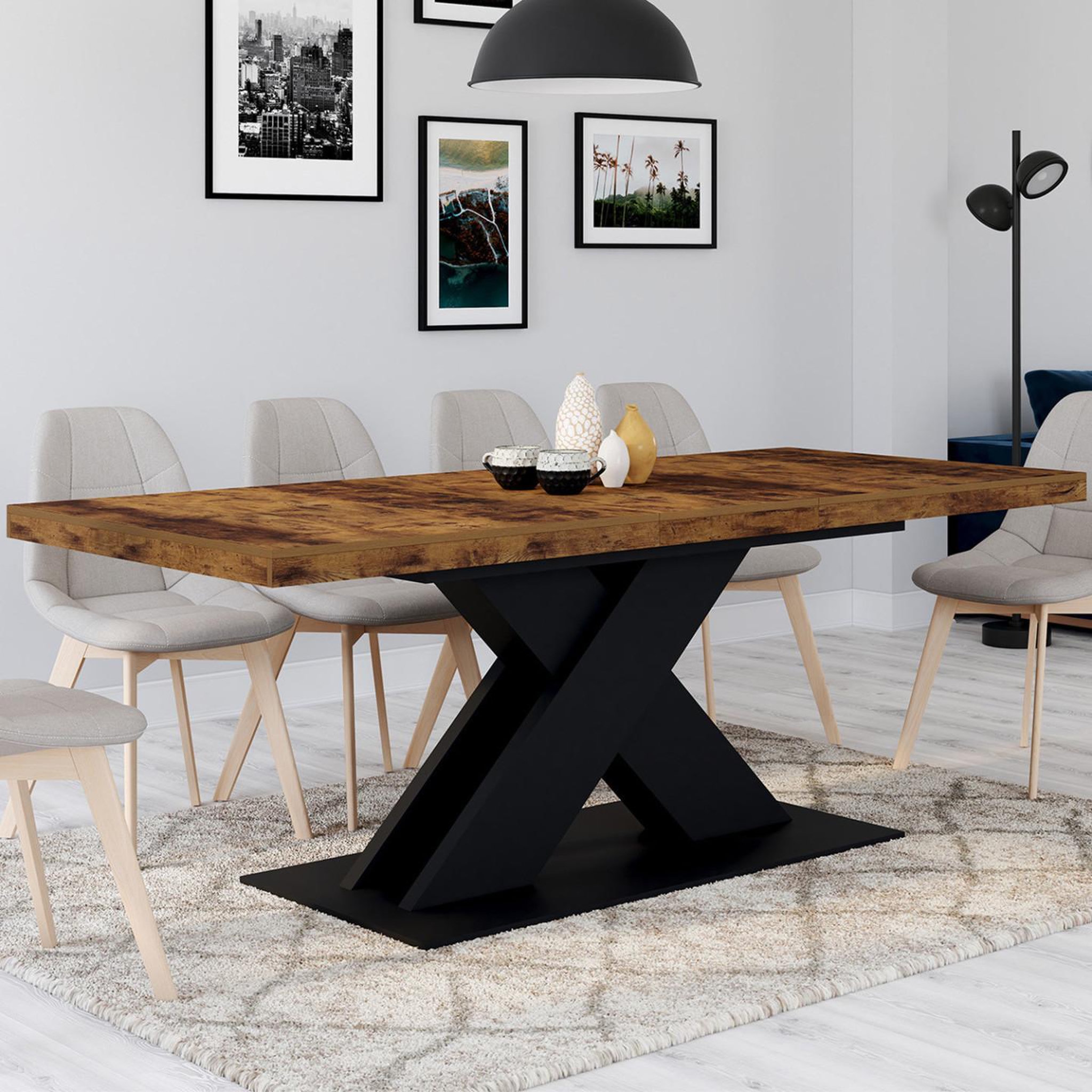 Voir la diapositive 2 : ID MARKET Table à manger extensible rectangle alicia 6-10 personnes plateau bois foncé hawkins et pied x noir 160-200 cm