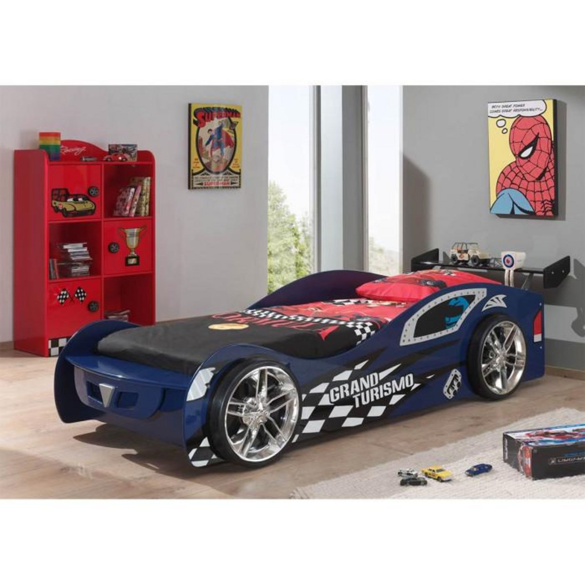 Paris Prix Pack - Lit Enfant Voiture & Armoire  Gran Turismo  Bleu & Rouge
