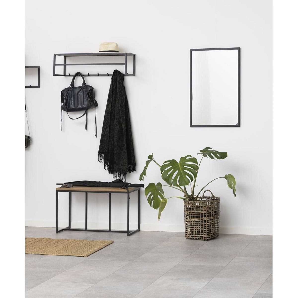 TOILINUX Etagère murale porte-manteau 7 accroches en MDF et Métal - Noir et beige