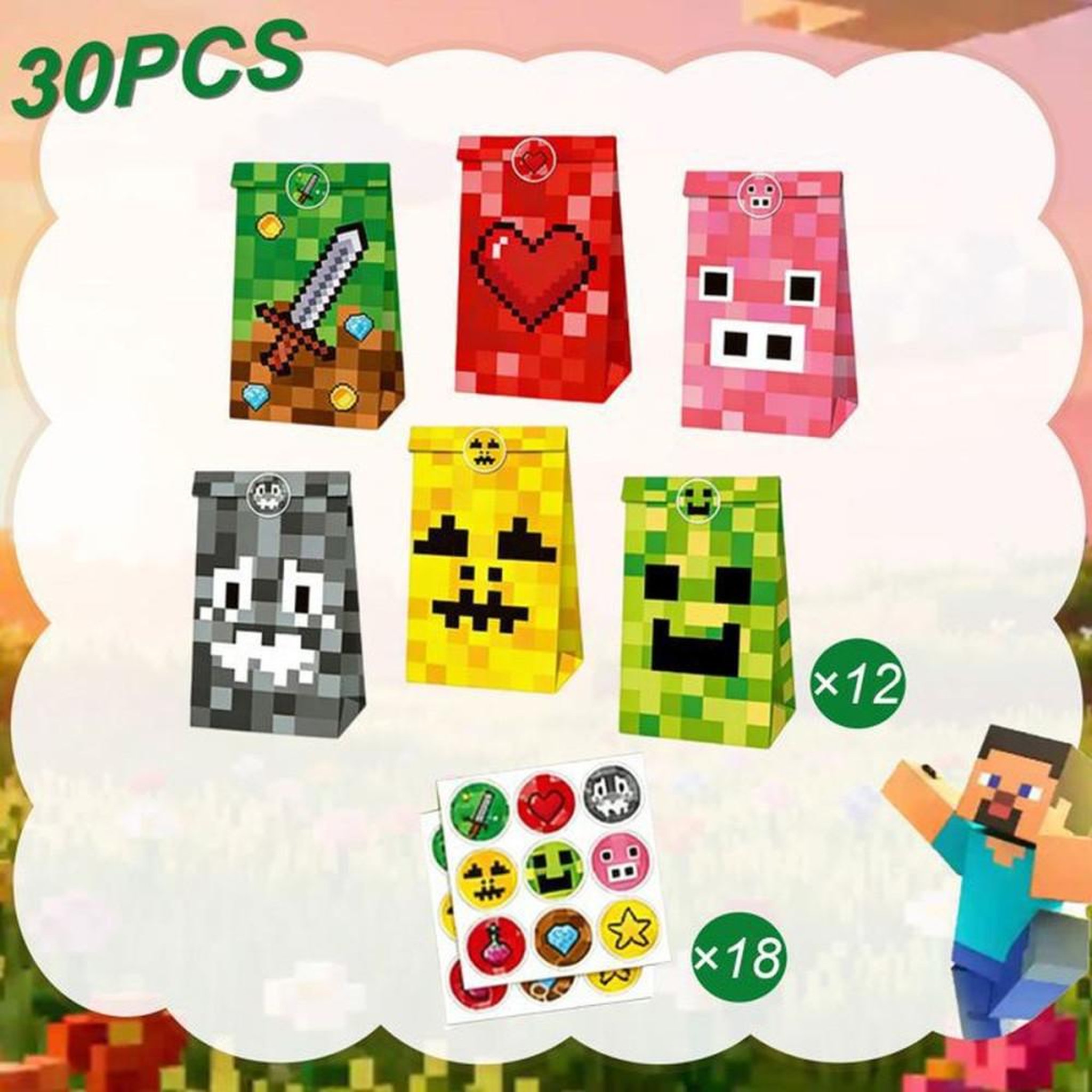 Voir la diapositive 2 : Sacs cadeaux Minecraft avec poignées, lot de 30, 4 motifs pixelisés et 18 autocollants ronds