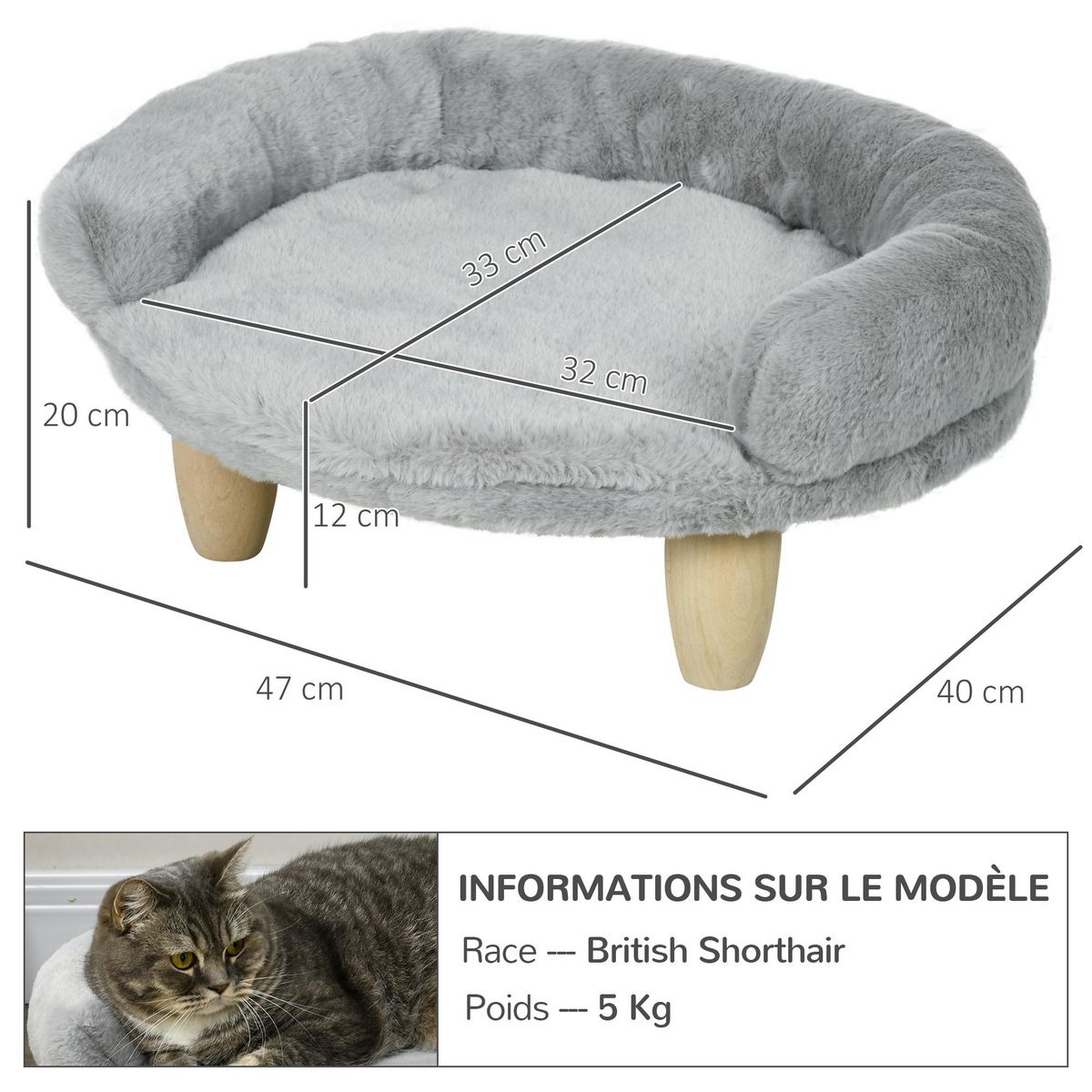 PAWHUT Canapé panier chien ou chat design scandinave housse amovible pieds en bois peluche douce gris