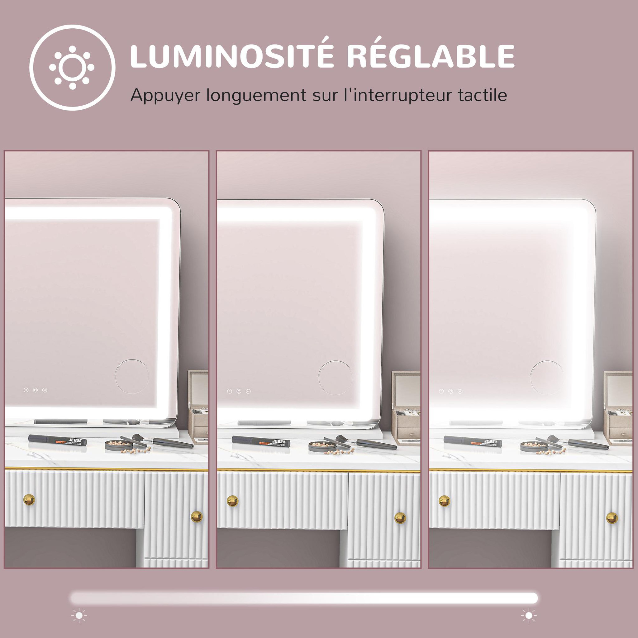 Voir la diapositive 6 : HOMCOM Miroir lumineux led tactile intensité 3 modes d'éclairage grossissement 10x charge usb