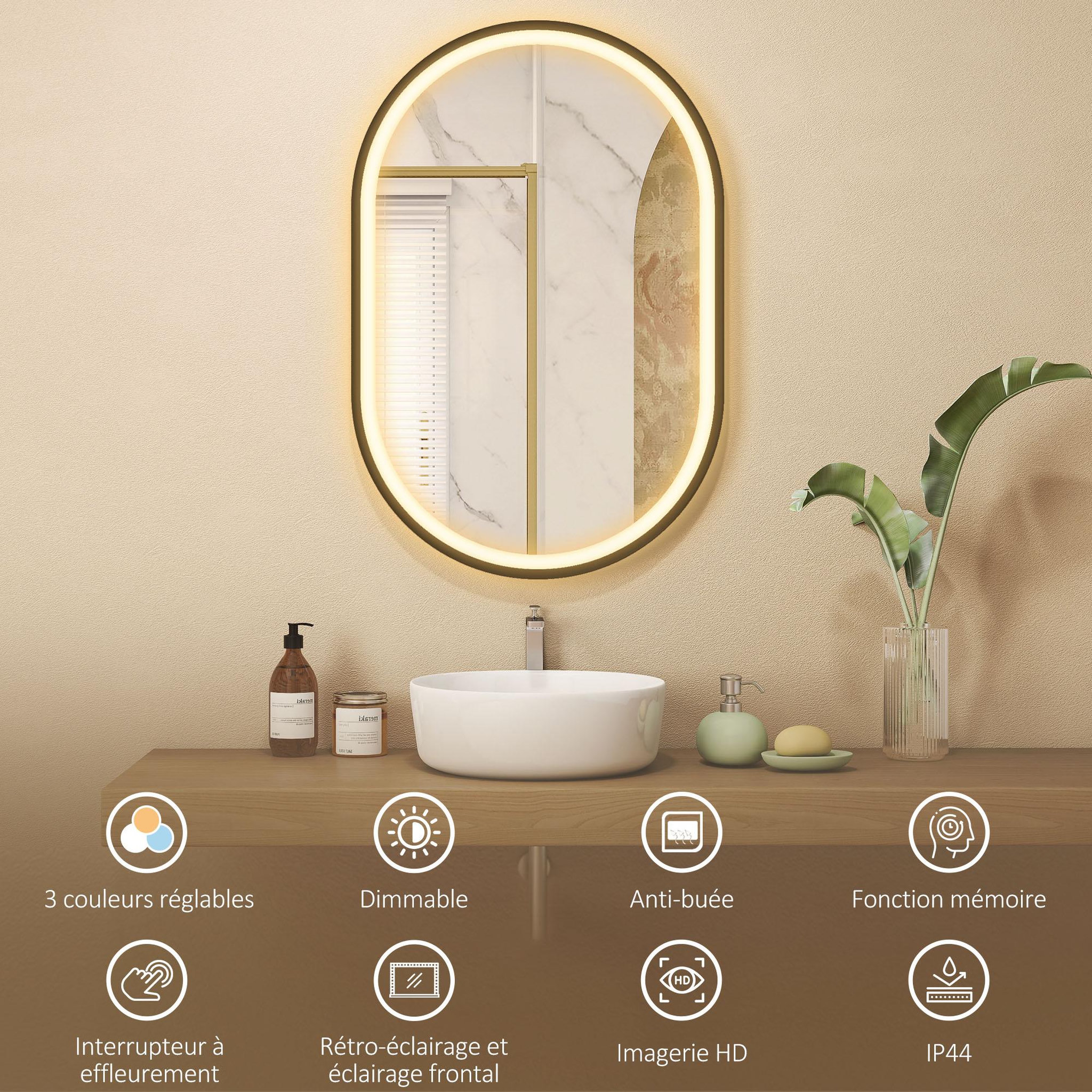 Voir la diapositive 5 : HOMCOM Miroir salle de bain led design ovale 50 x 70 cm anti-buée dimmable tactile réglable verre trempé alu noir