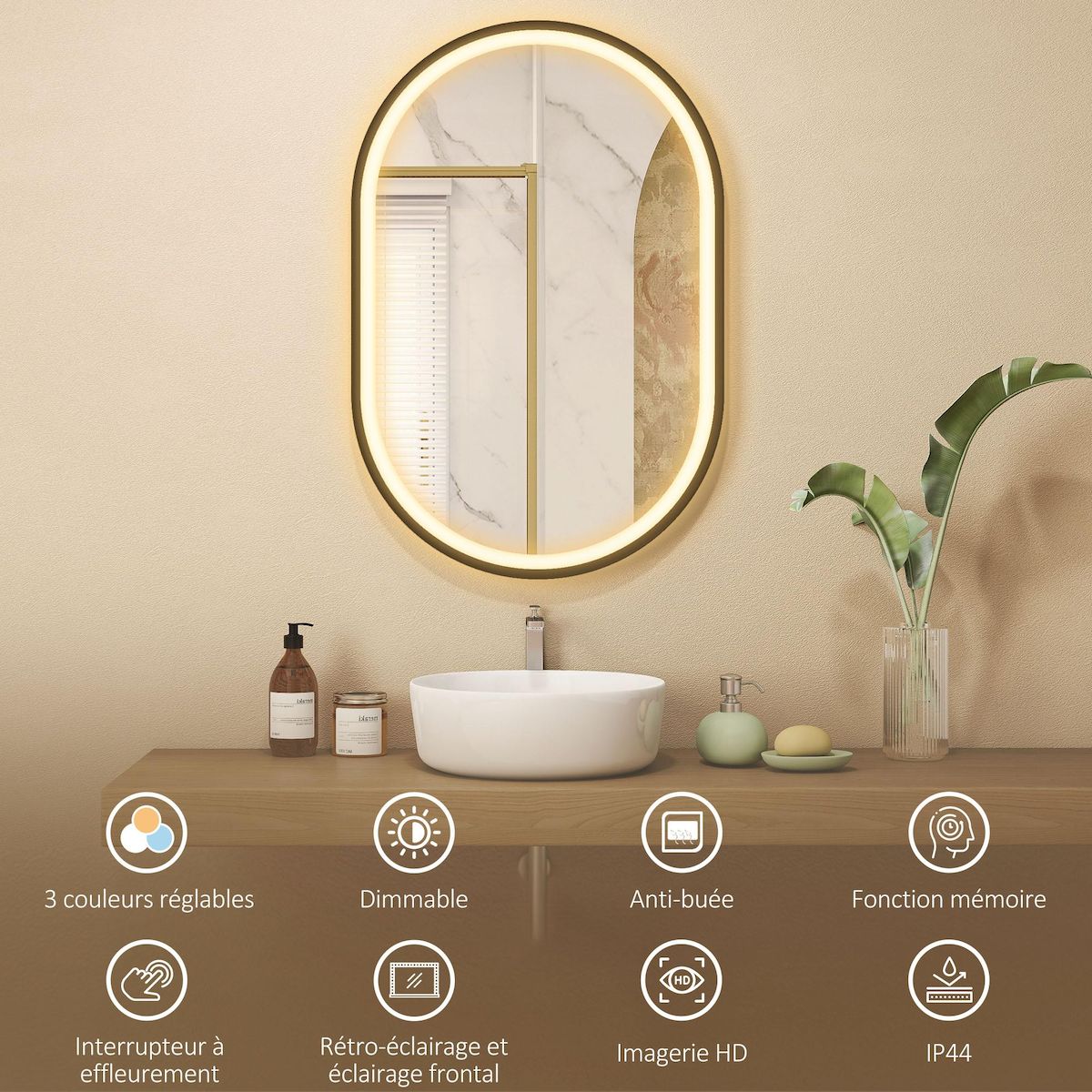 HOMCOM Miroir salle de bain LED design ovale 50 x 70 cm anti-buée dimmable tactile réglable verre trempé alu noir