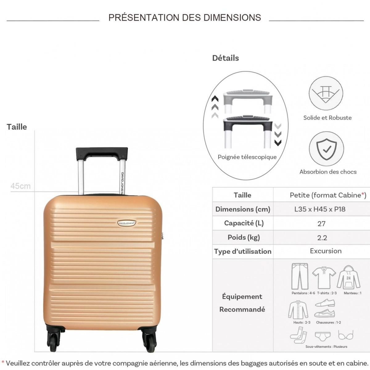 David Jones Valise cabine XS underseat rigide 45cm
