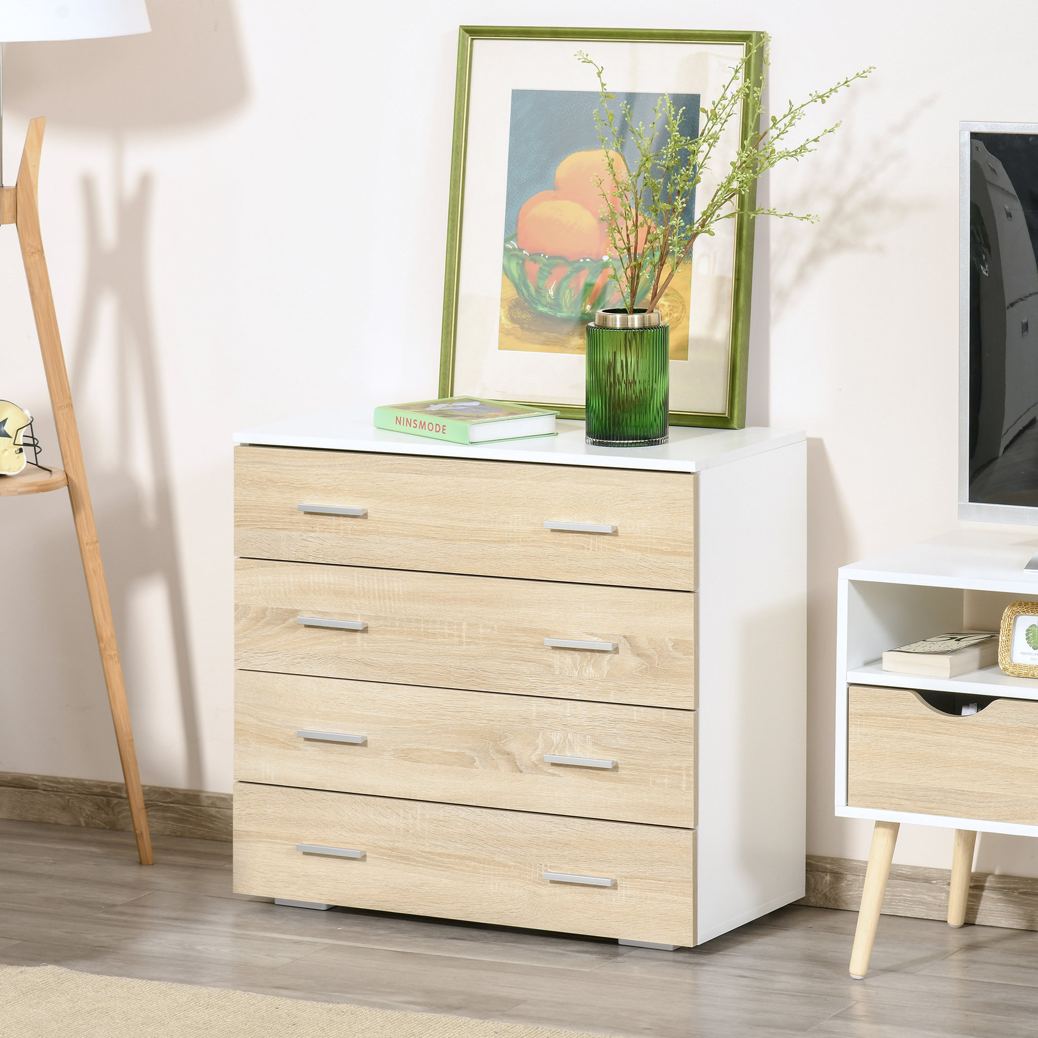 Voir la diapositive 4 : HOMCOM Commode meuble de rangement style contemporain 4 tiroirs 76 x 35 x 72 cm blanc et couleur bois