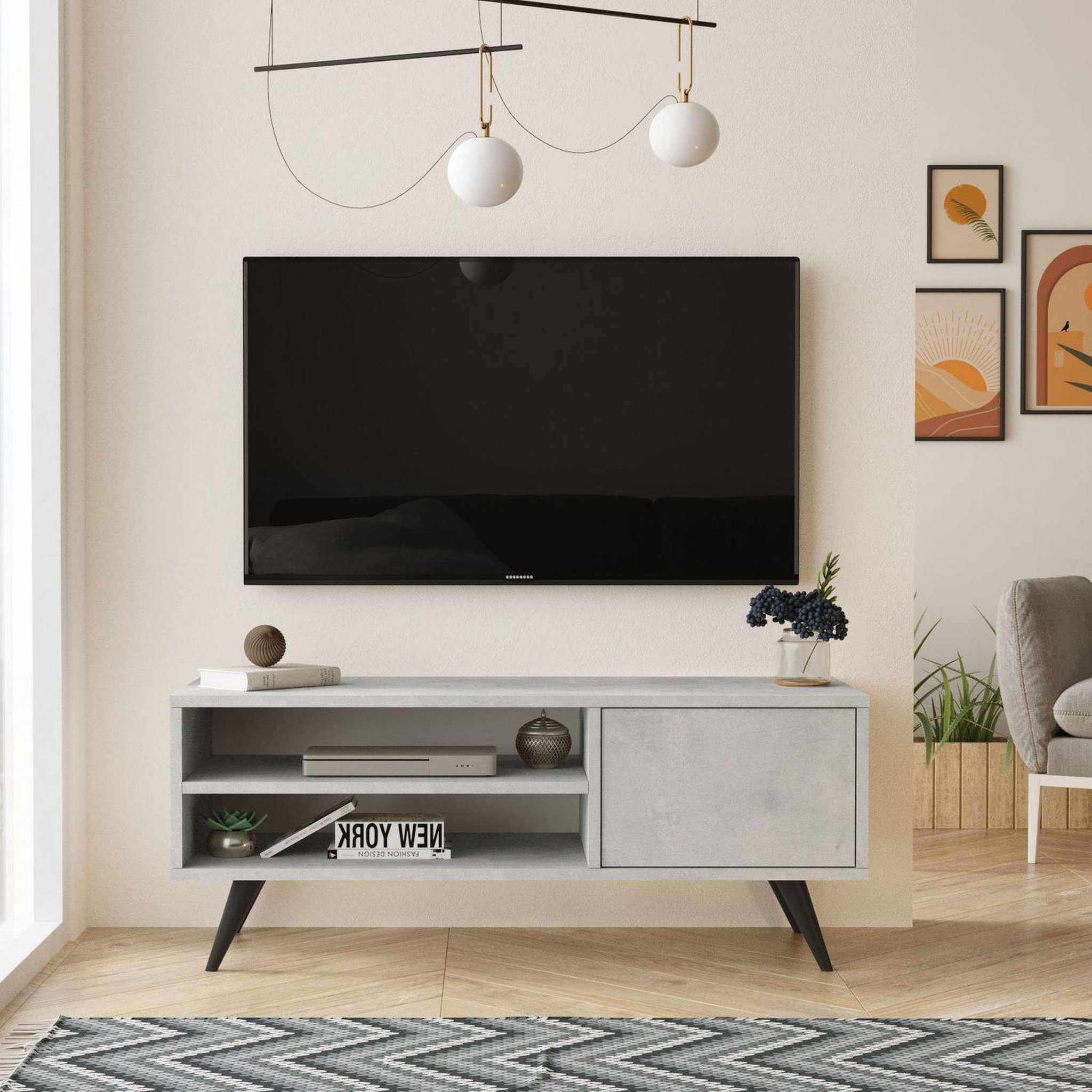 Voir la diapositive 5 : TOILINUX Meuble tv avec 2 niches de rangement ouvertes et une porte abattante en panneaux de particule