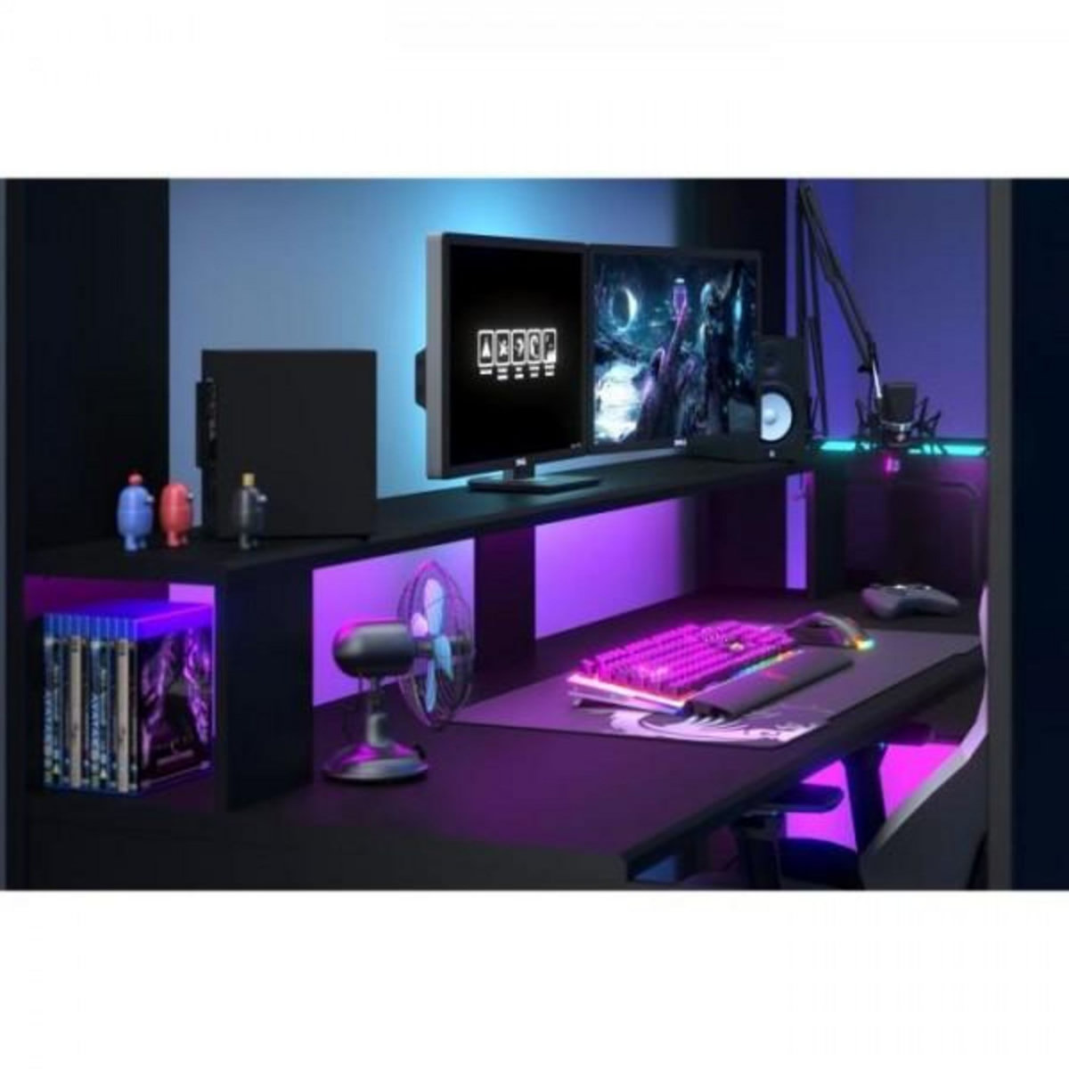 PARISOT Lit mezzanine combiné enfant LED Gamer ONLINE - 90 x 200 cm - Noir mat - Sommier inclus - PARISOT