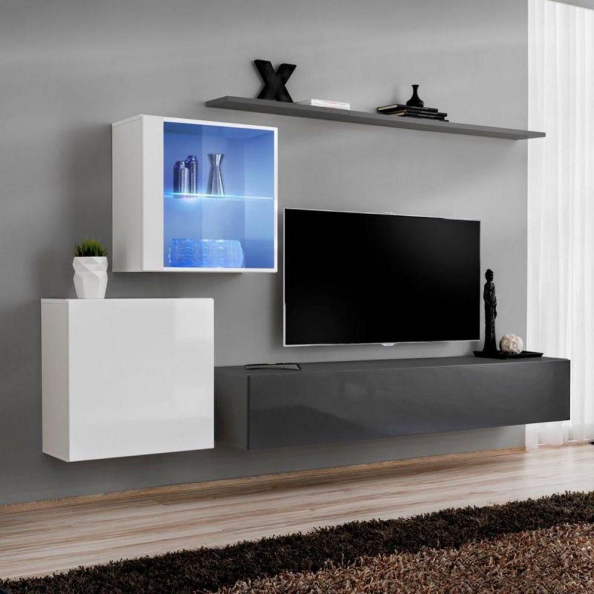 Paris Prix Meuble TV Mural Design  Switch XV  260cm Gris & Blanc
