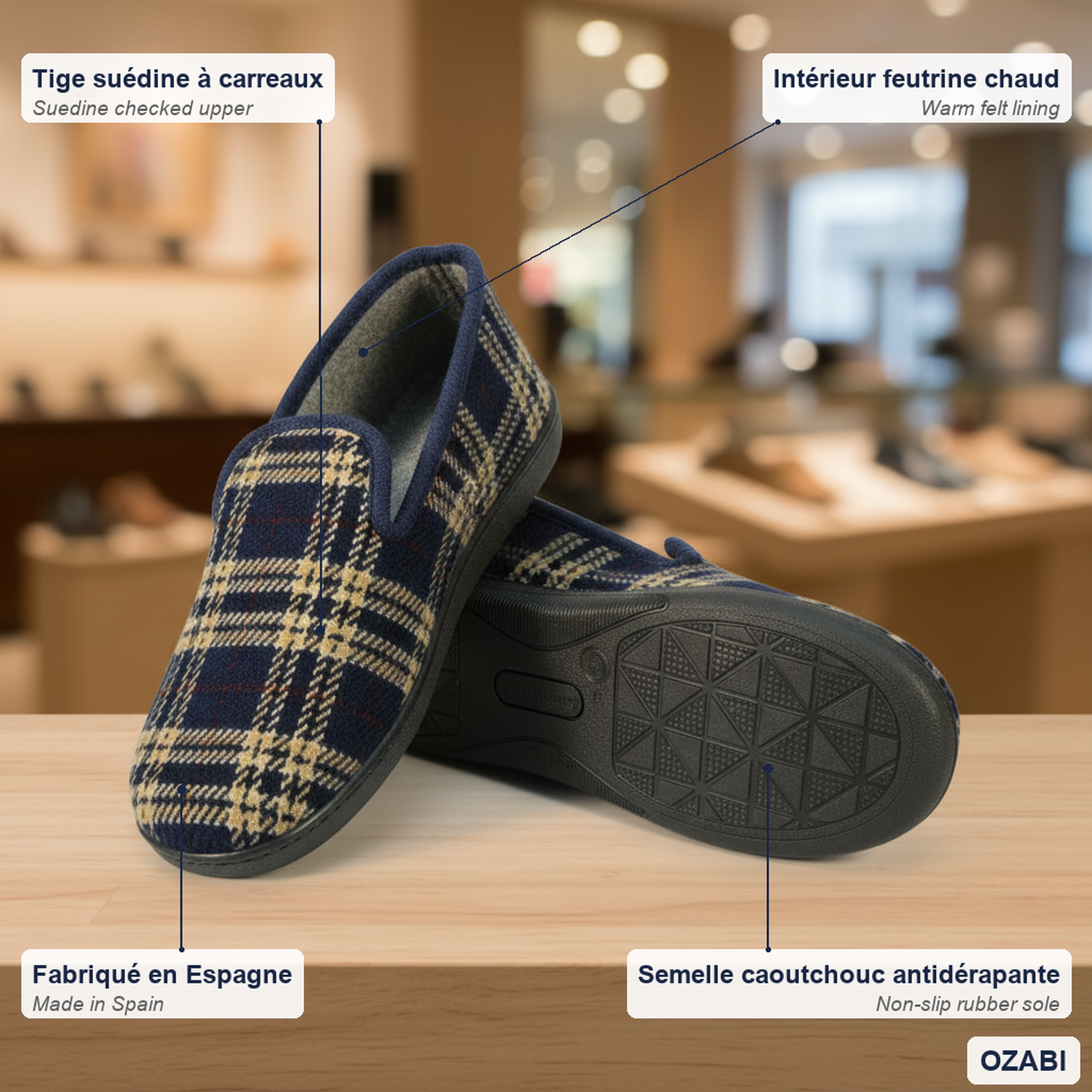 Voir la diapositive 5 : OZABI Ozabi pantoufles charentaises homme fabriquées en espagne carreaux écossais
