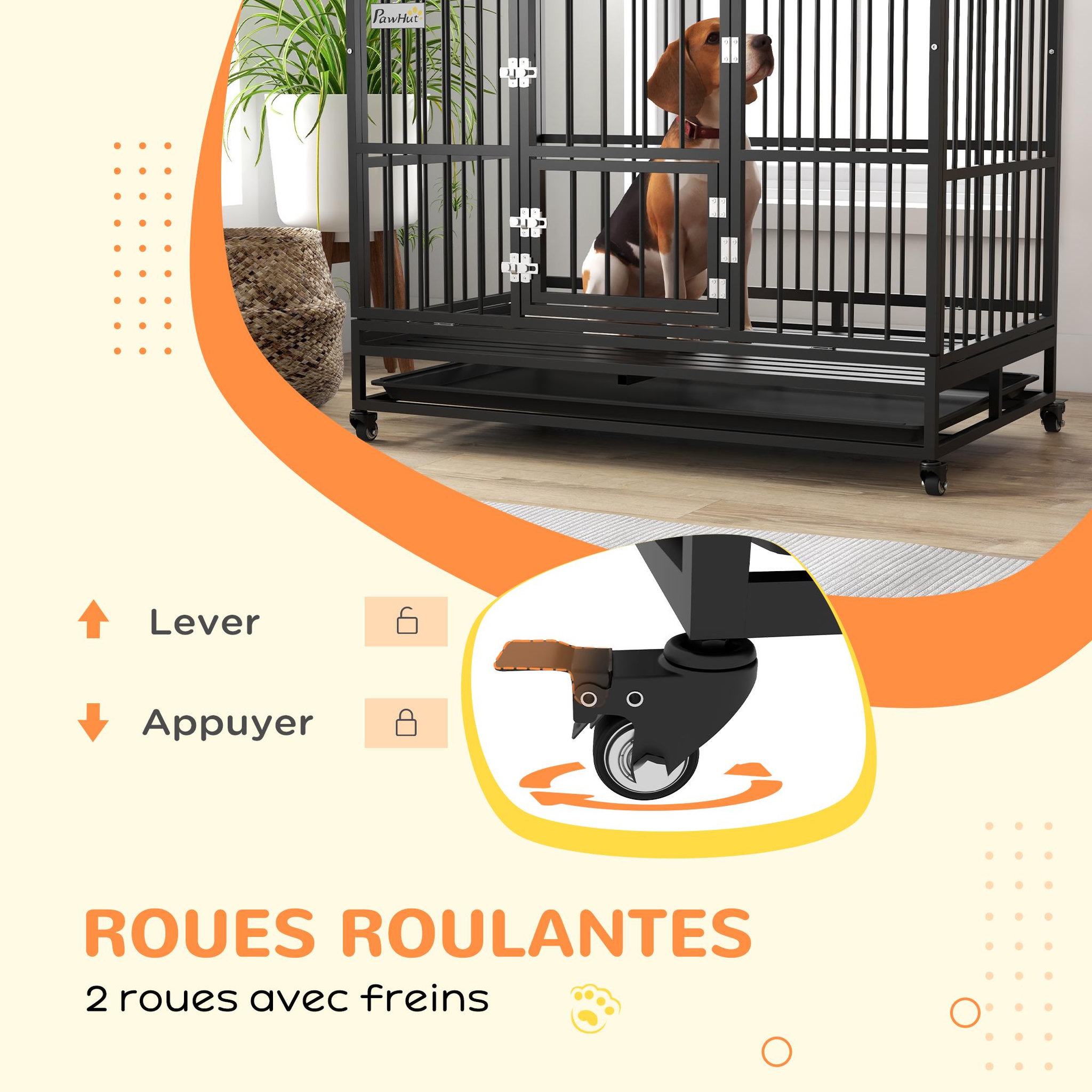Voir la diapositive 5 : PAWHUT Cage chien grande taille sur roulettes - 2 portes verrouillables, plateau amovible - acier noir