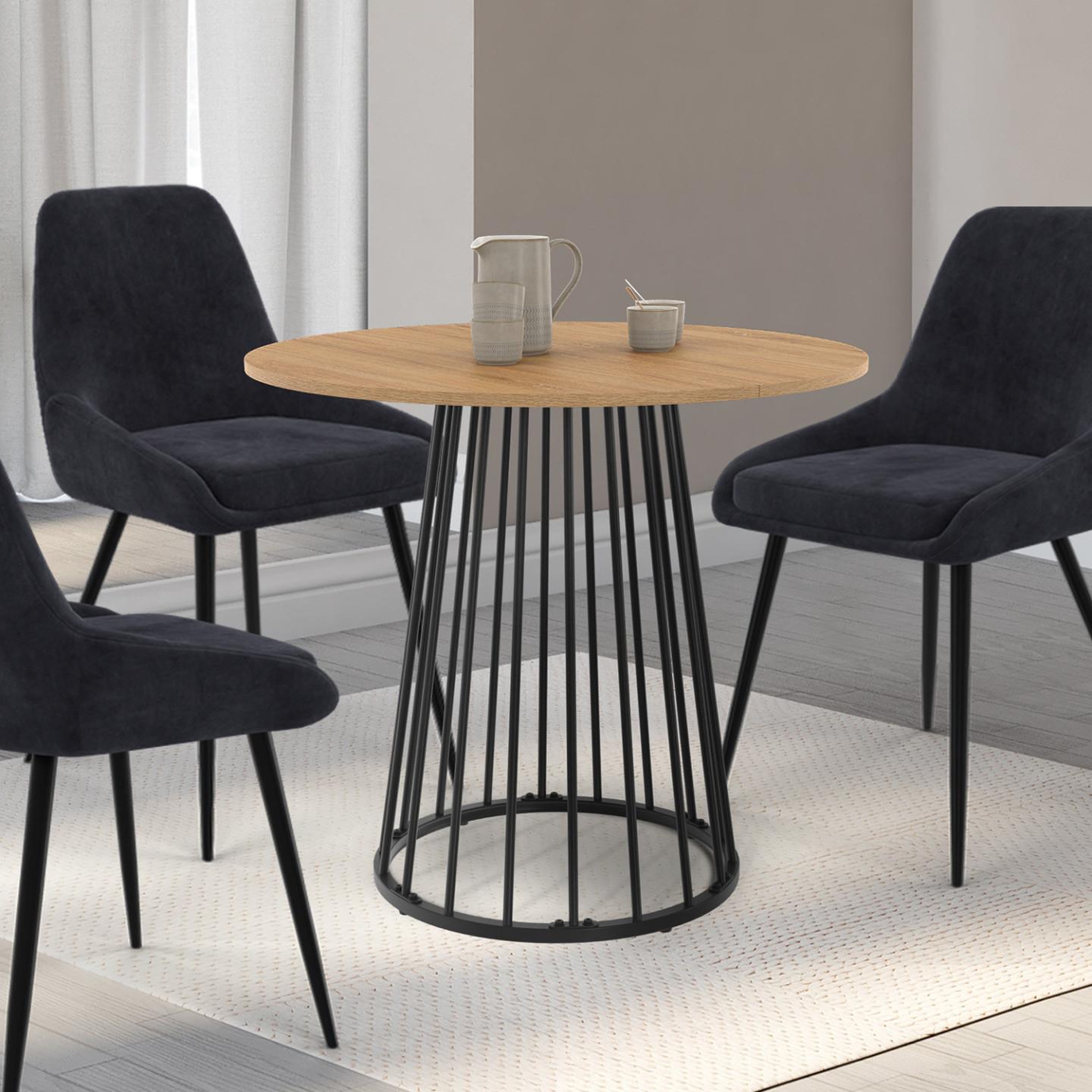 Voir la diapositive 2 : ID MARKET Table à manger ronde yuna 4 personnes plateau bois et pied filaire en métal noir 80 cm