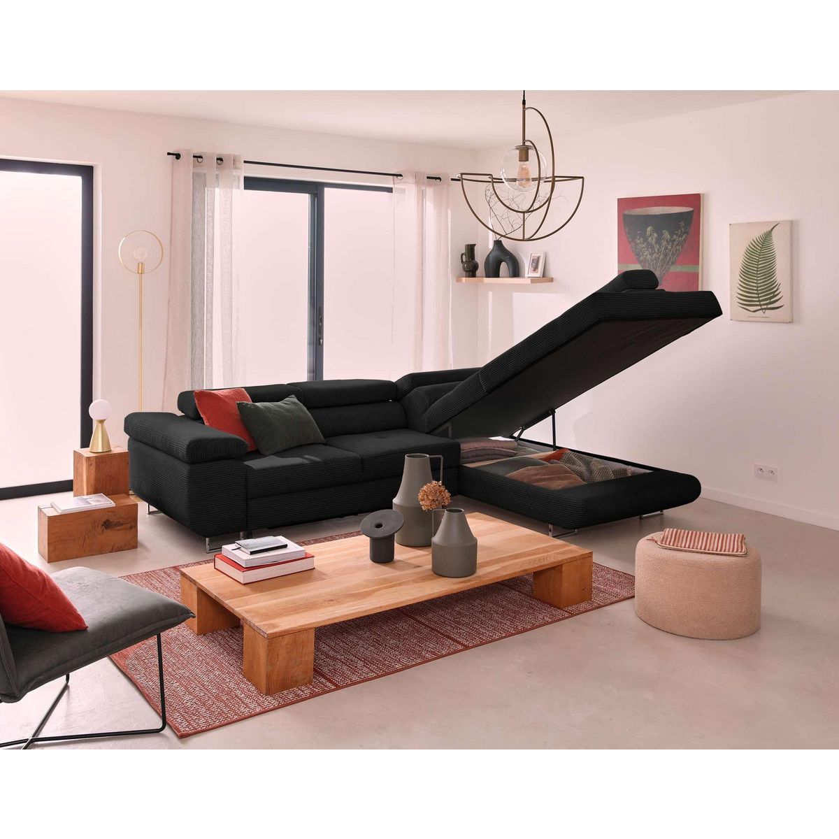 BEST MOBILIER Zaria - canapé d'angle droit - convertible avec coffre et têtières réglables - 5 places - en velours côtelé