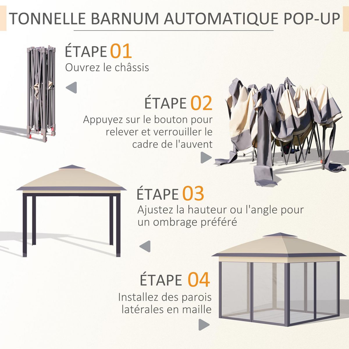 OUTSUNNY Tonnelle barnum de jardin pop-up pliant - dim. 3,30L x 3,30l x 2,88H m - hauteur réglable, double toit, sac transport - métal époxy, oxford, moustiquaires - beige gris