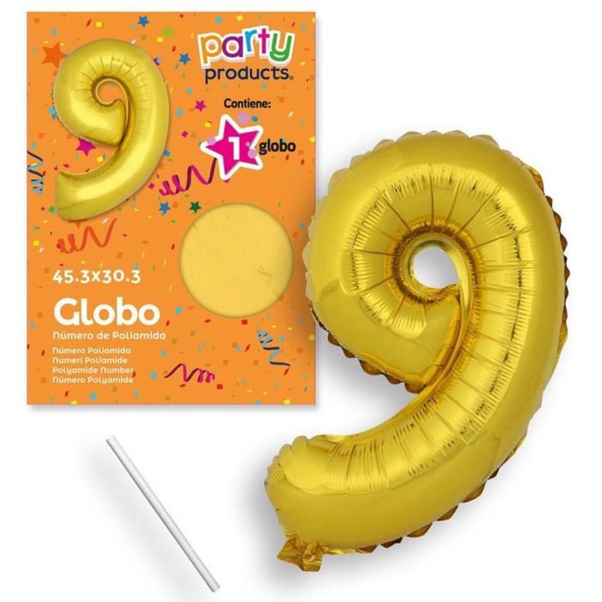 Ballon chiffre 9 en polyamide or/jaune effet métallisé 45 cm, gonflage hélium avec tube