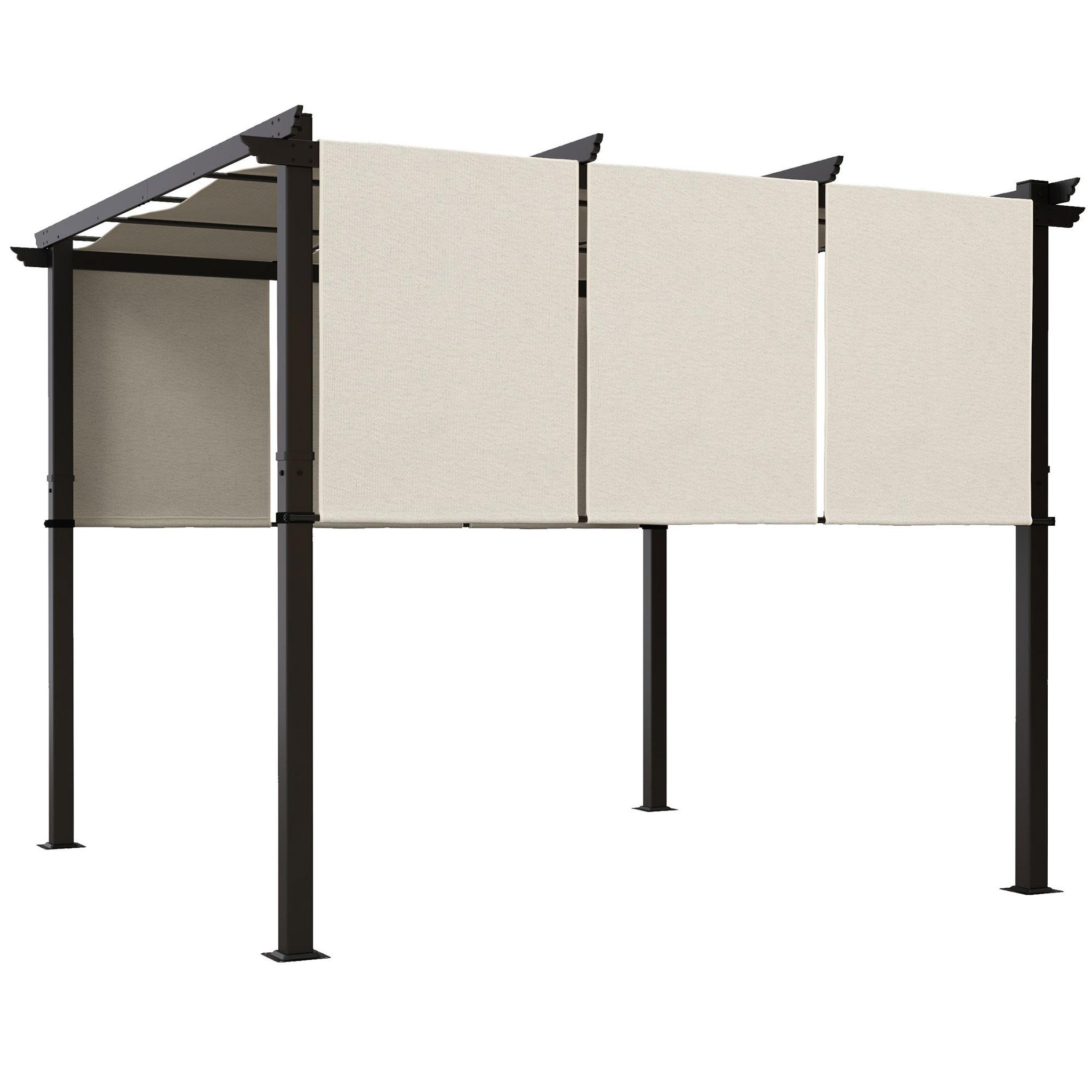 Voir la diapositive 1 : OUTSUNNY Pergola 3 toiles coulissantes - dim. 2,97L x 2,97l x 2,38H m - acier époxy polyester haute densité beige