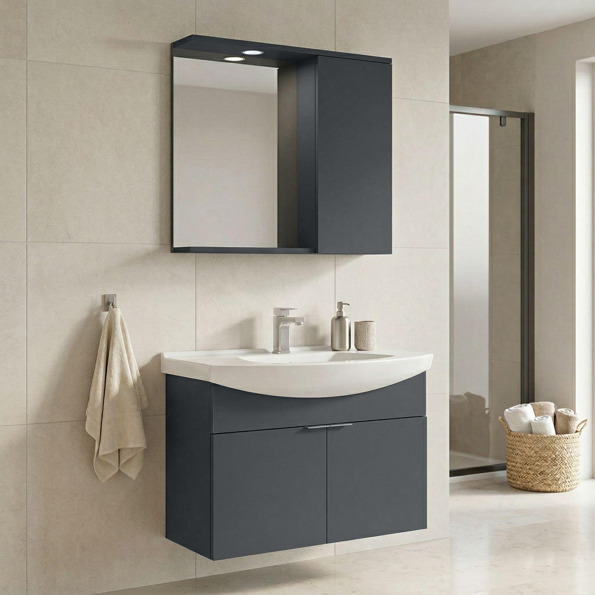 Voir la diapositive 2 : Habitat et Jardin Meuble avec simple vasque et miroir  Purus 80  - 80 x 50 x 58 cm - Matte Anthracite