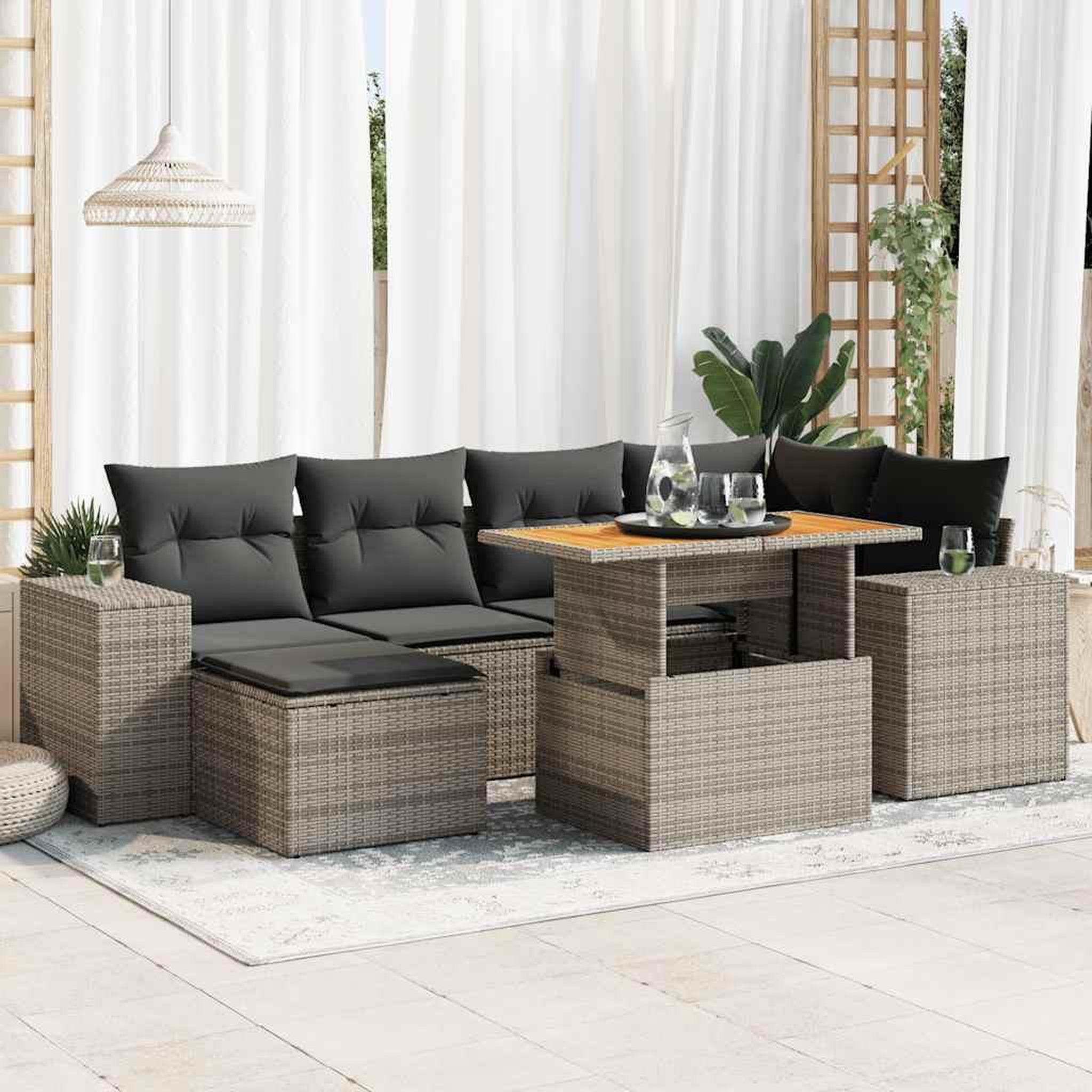 VIDAXL Salon de jardin avec coussins 7 pcs gris resine tressee