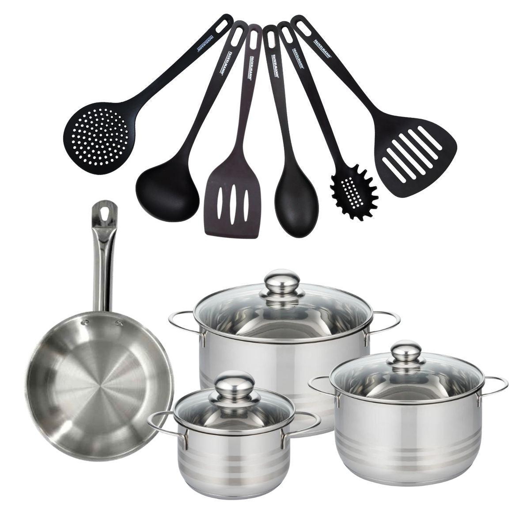 Fackelmann Batterie de cuisine avec 1 poêle 20 cm et 3 faitouts 16/20/24 cm avec 6 ustensiles de cuisine sans pfas fackelmann etherna brillant fenix