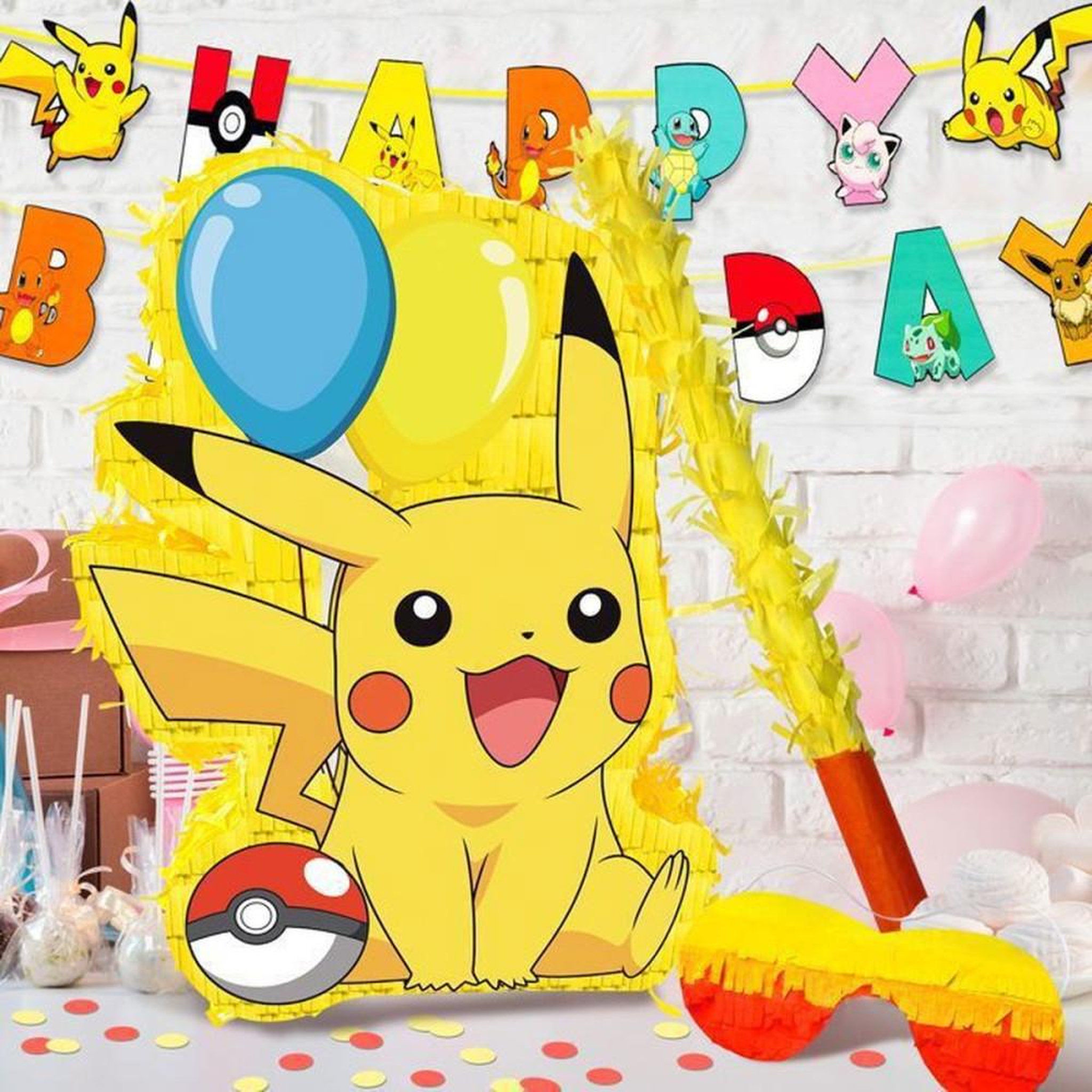 Voir la diapositive 4 : Décoration anniversaire Pokémon piñata multicolore à l'effigie de Pikachu, forme boîte, lot de 4 pièces