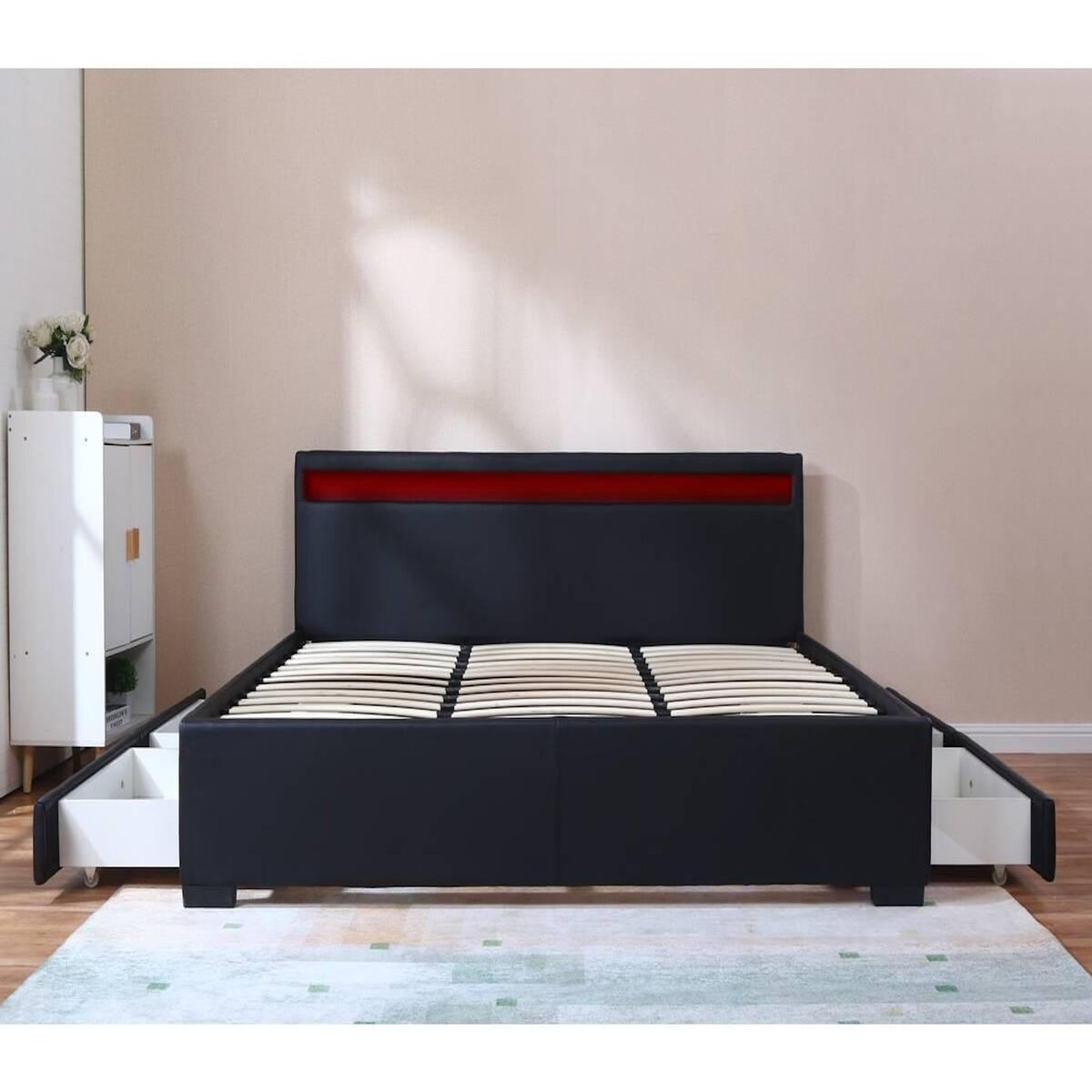 Habitat et Jardin LIT LED double avec 4 tiroirs  Nico  - 180 x 200 cm - Noir