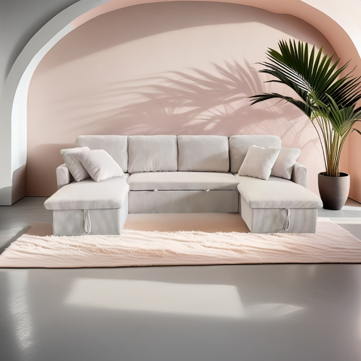 CONCEPT USINE Canapé panoramique convertible 4 places en velours côtelé avec coffre - beige MAHÉ