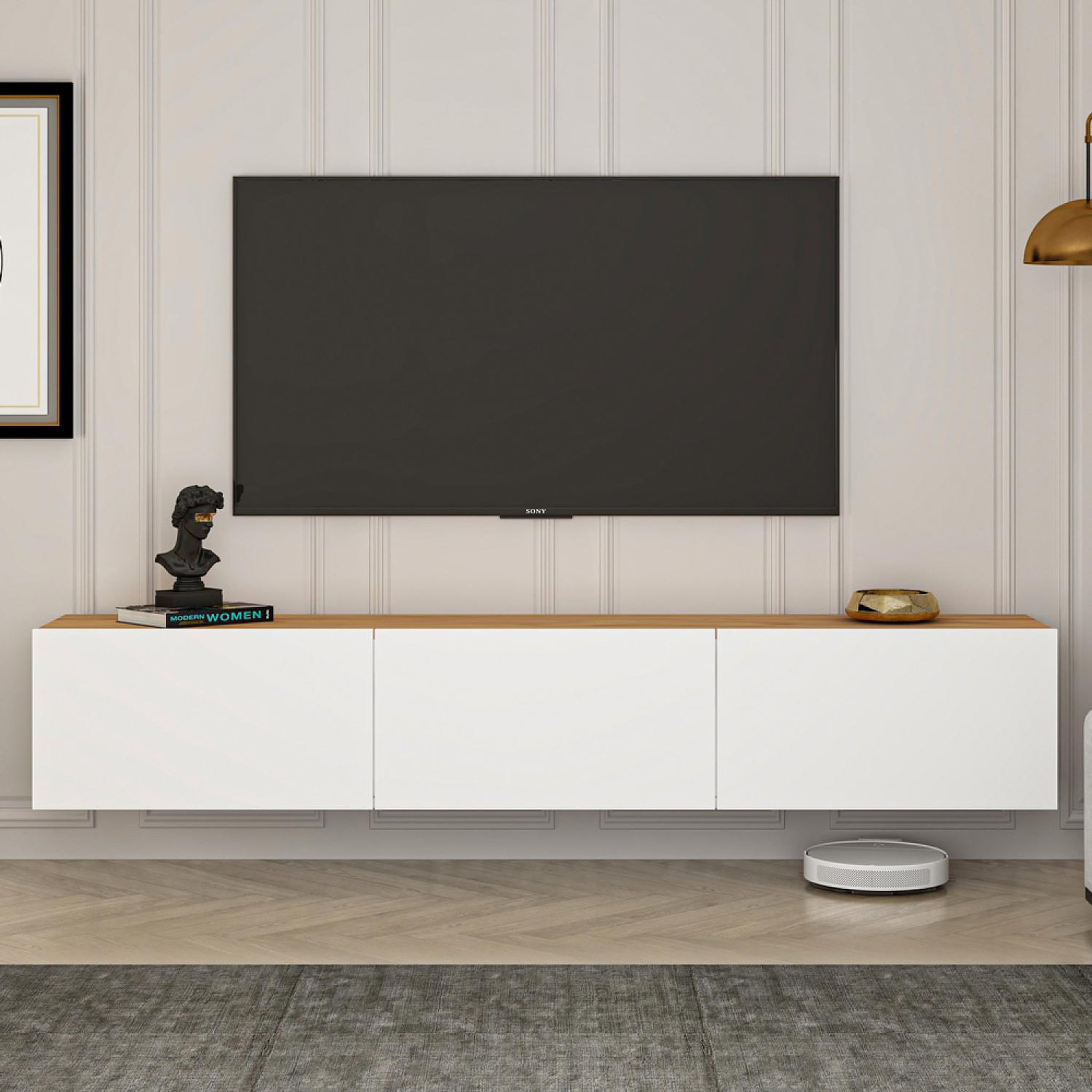 Voir la diapositive 2 : CONCEPT USINE Meuble tv suspendu avec placards 150cm blanc et bois hal