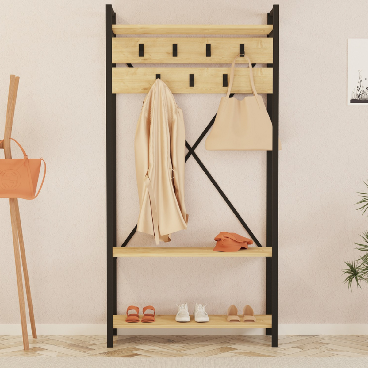 CONCEPT USINE Meuble d'entrée style industriel avec étagères et porte-manteaux LUBIN