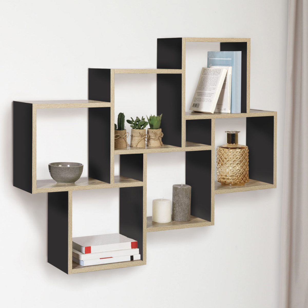 ID MARKET Etagère murale double position LUCAS bois façon hêtre et noir