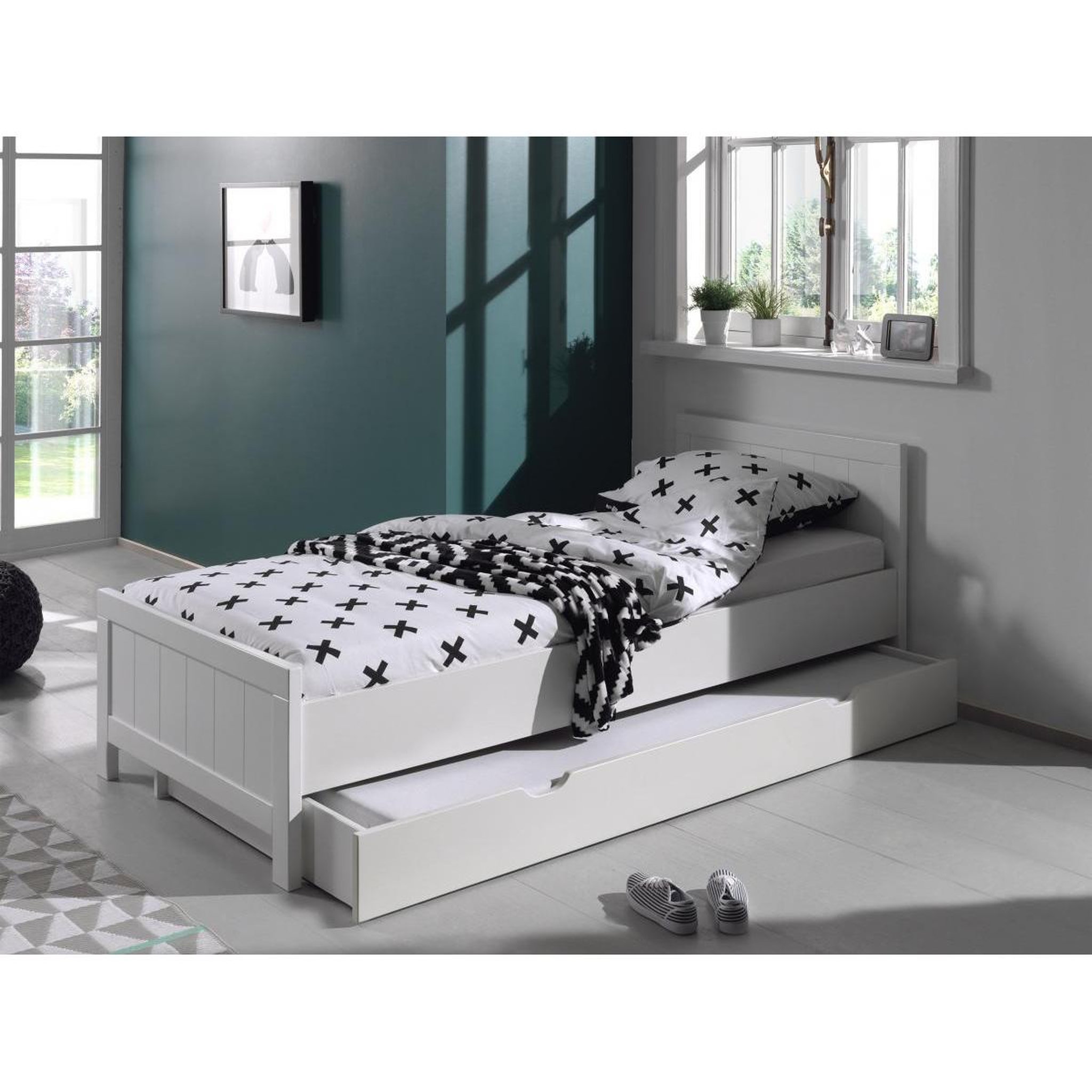 Voir la diapositive 2 : Vipack Ensemble de chambre Vipack ERIK : Lit simple, lit gigogne, chevet, bureau et armoire 2 portes en bois laqué blanc