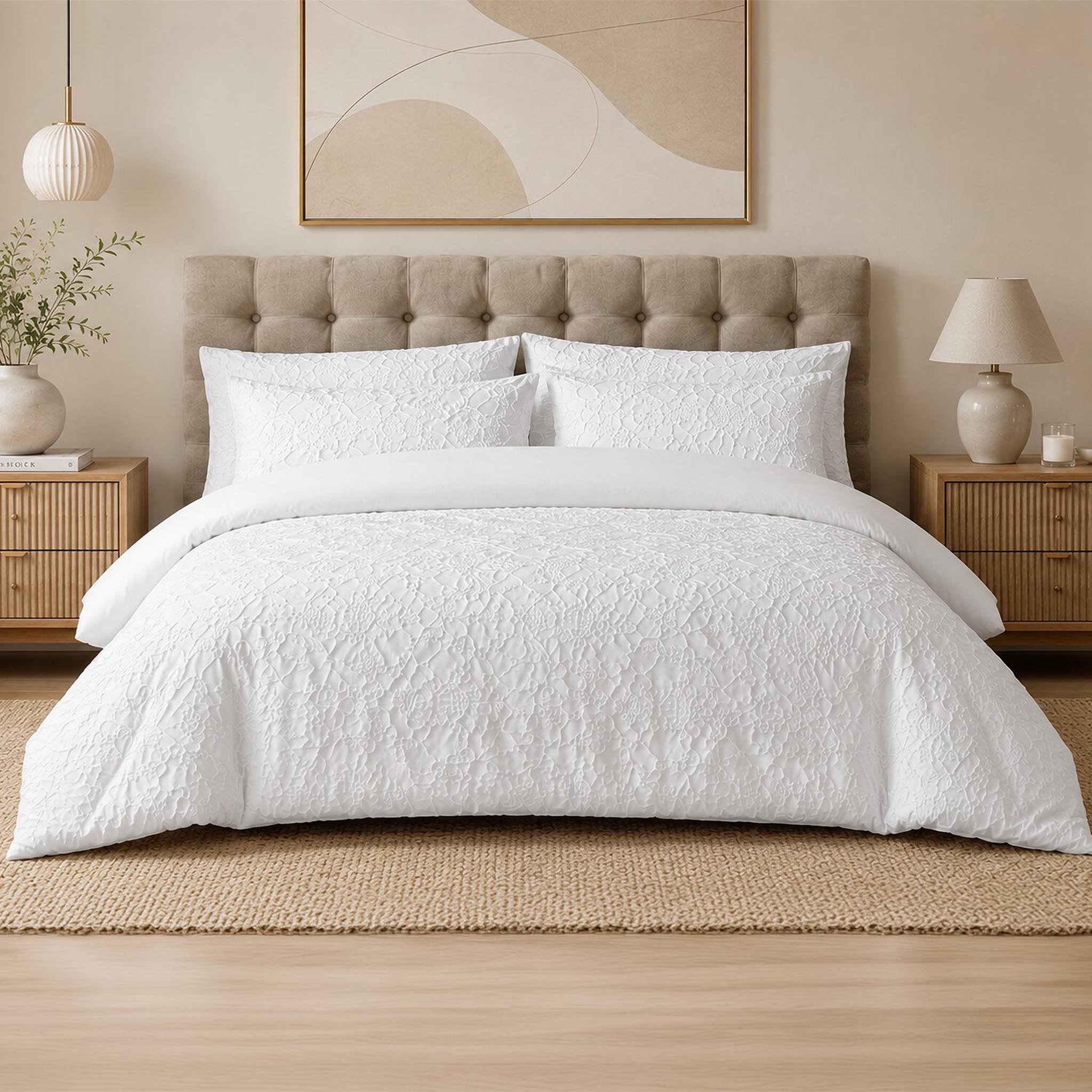 Les Ateliers du Linge Parure folia – microfibre jacquard feuilles n°7 blanche. Coloris disponibles : Blanc