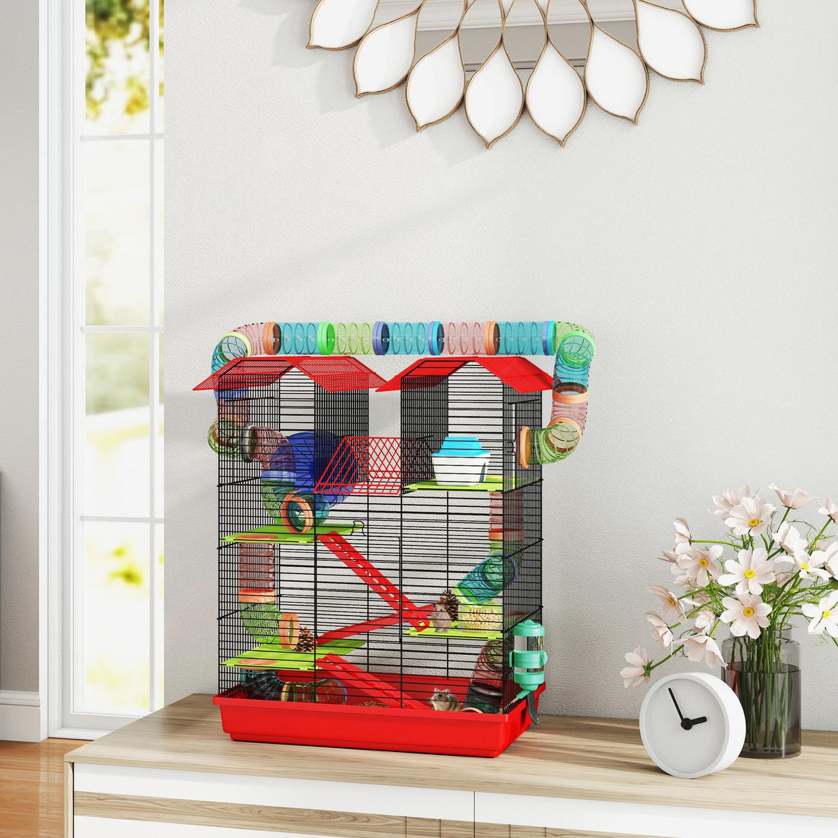 PAWHUT Cage pour hamster souris petits animaux rongeur avec tunnel mangeoire roue jouet 47 x 30 x 59 cm cm bleu