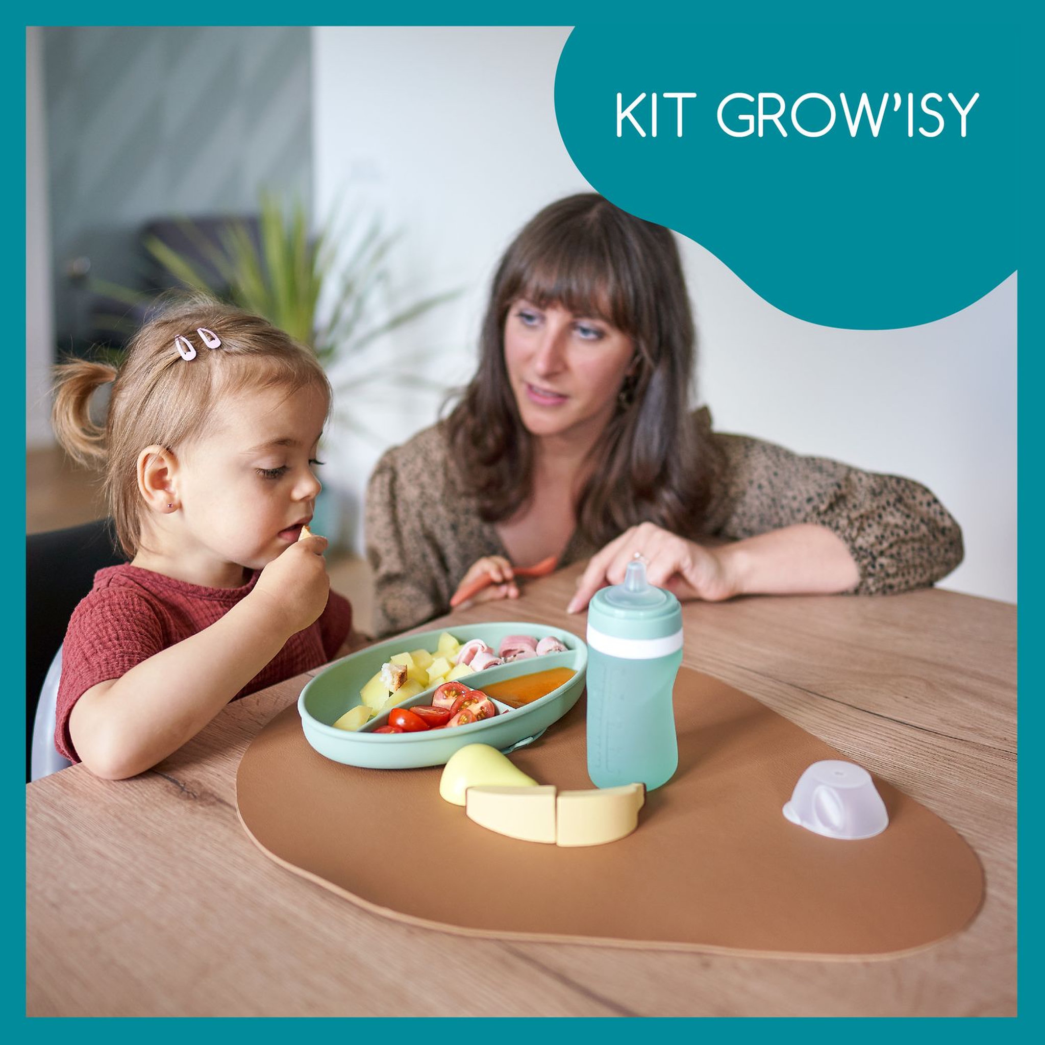Voir la diapositive 2 : BABYMOOV Kit repas en silicone vert GROW'ISY