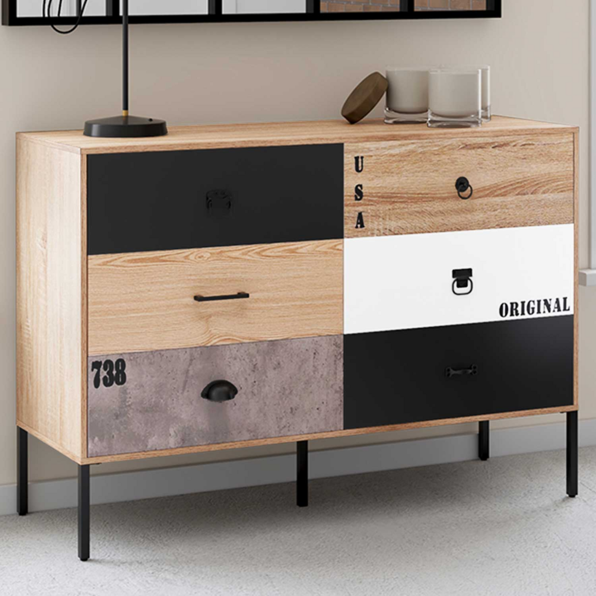 ID MARKET Commode 6 tiroirs SACRAMENTO 115 cm design industriel dépareillé