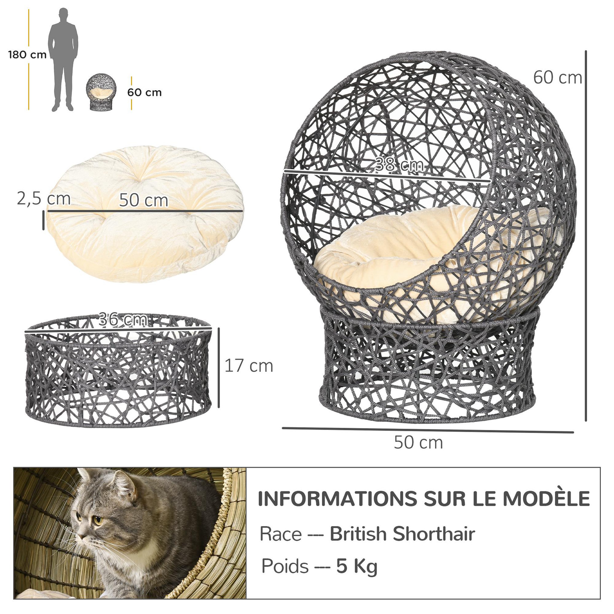 Voir la diapositive 3 : PAWHUT Panier tressé chat gris apia lit chat cosy grand confort dia. 50 x h.60 cm coussin moelleux beige inclus