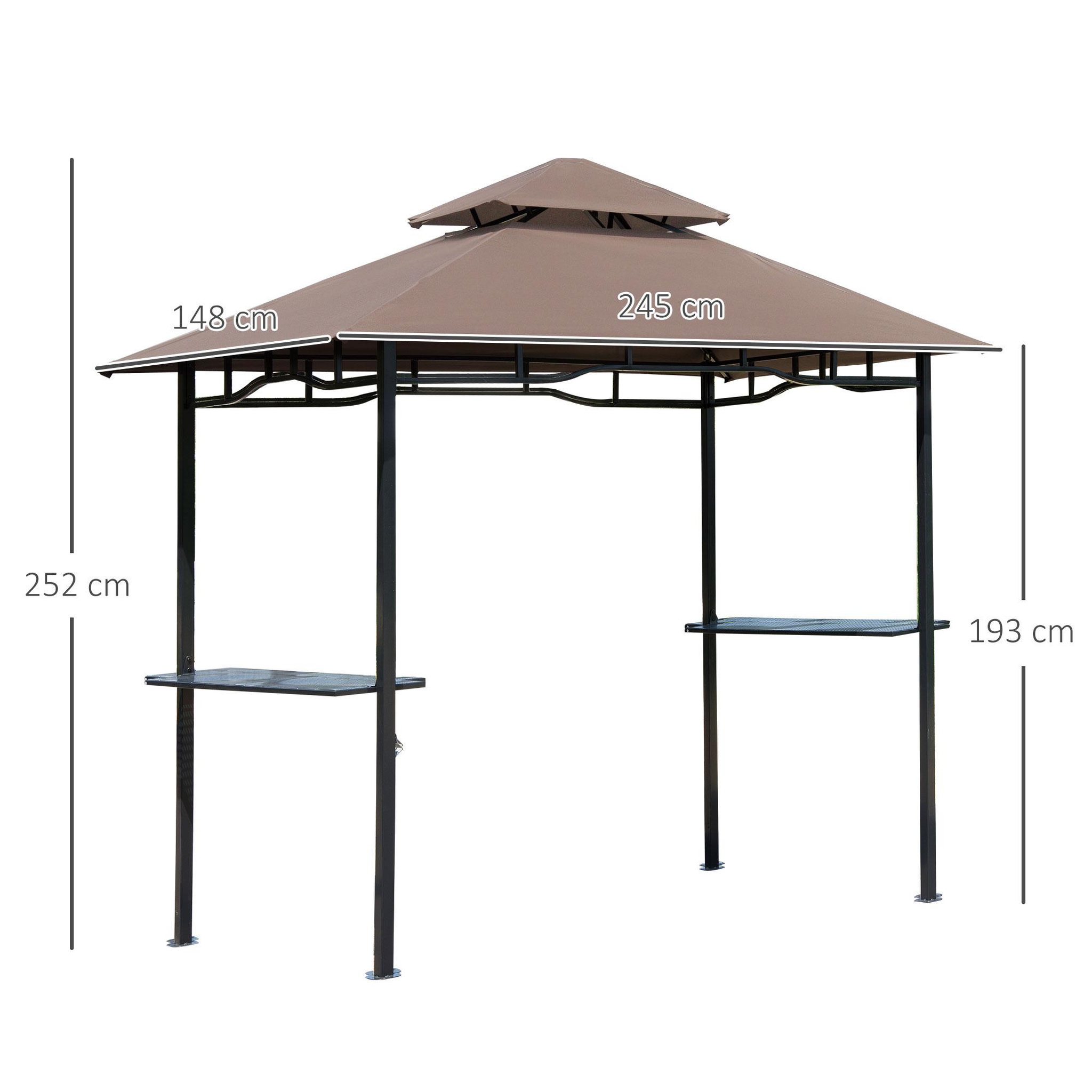 Voir la diapositive 3 : HOMCOM Pavillon abri tonnelle de jardin pour barbecue double toit 2 tablettes incluses tissu polyester acier 2,45 x 1,48 x 2,55 m chocolat