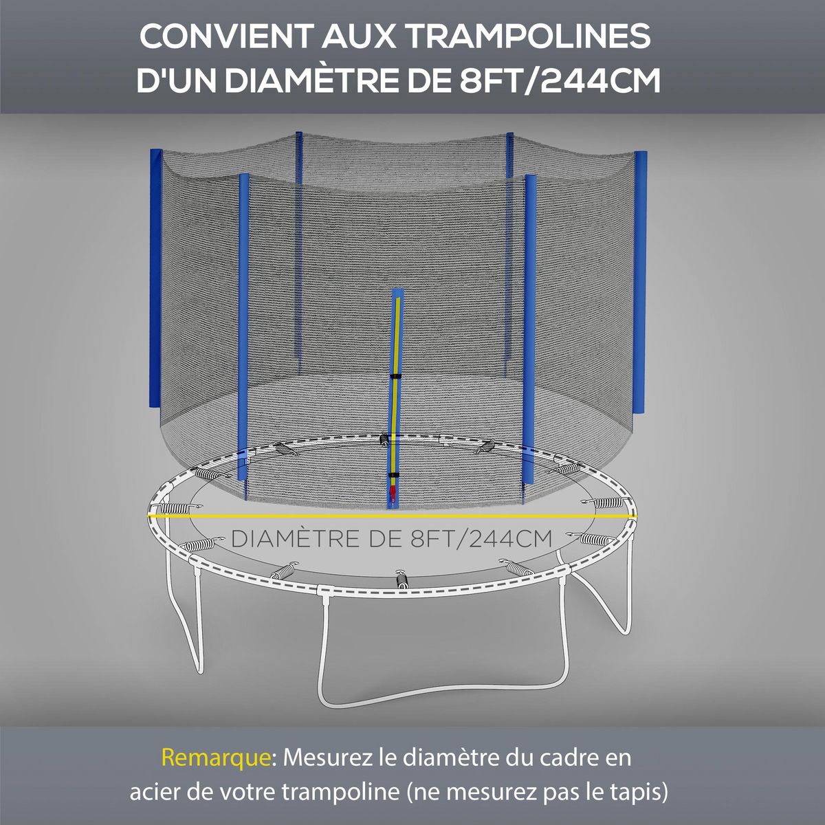 HOMCOM Filet de sécurité trampoline porte zipée Ø 244 cm 6 poteaux bleu noir