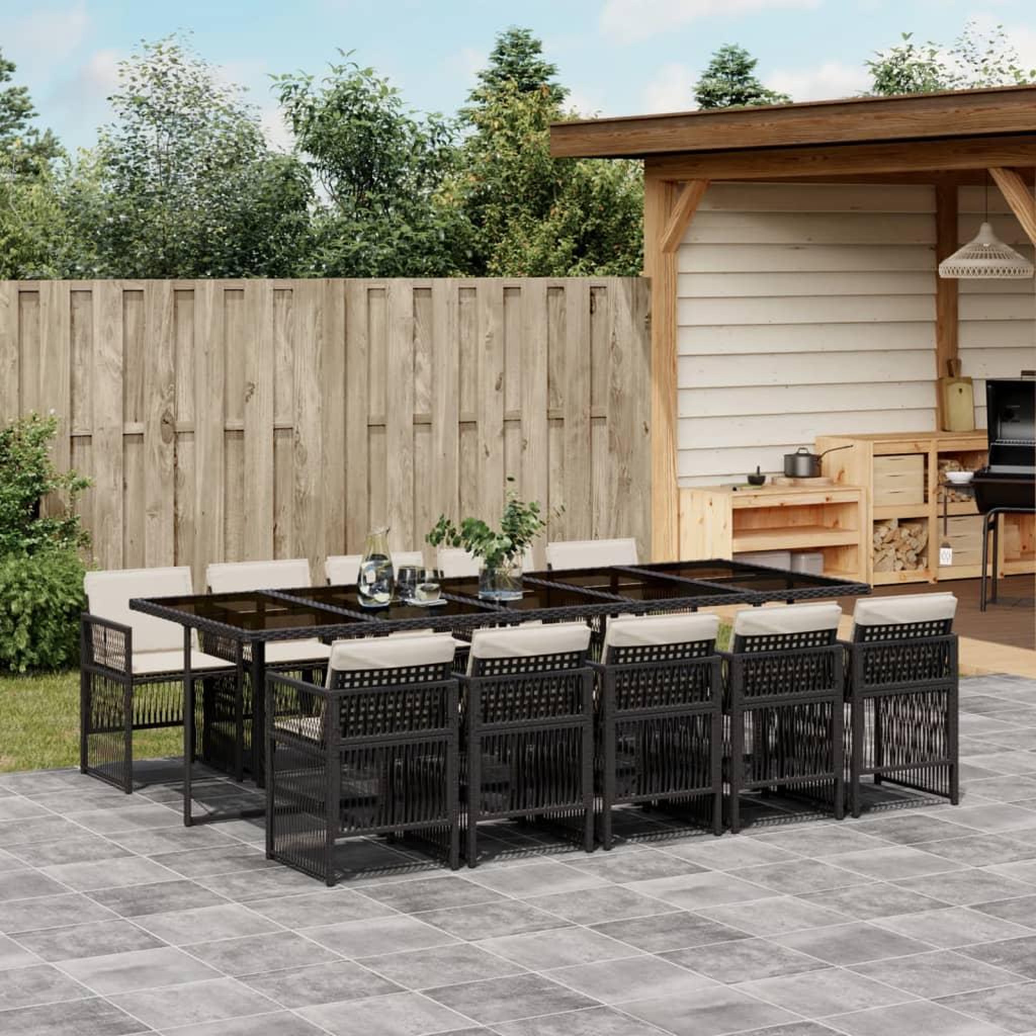 VIDAXL Ensemble a manger de jardin 11 pcs coussins noir resine tressee