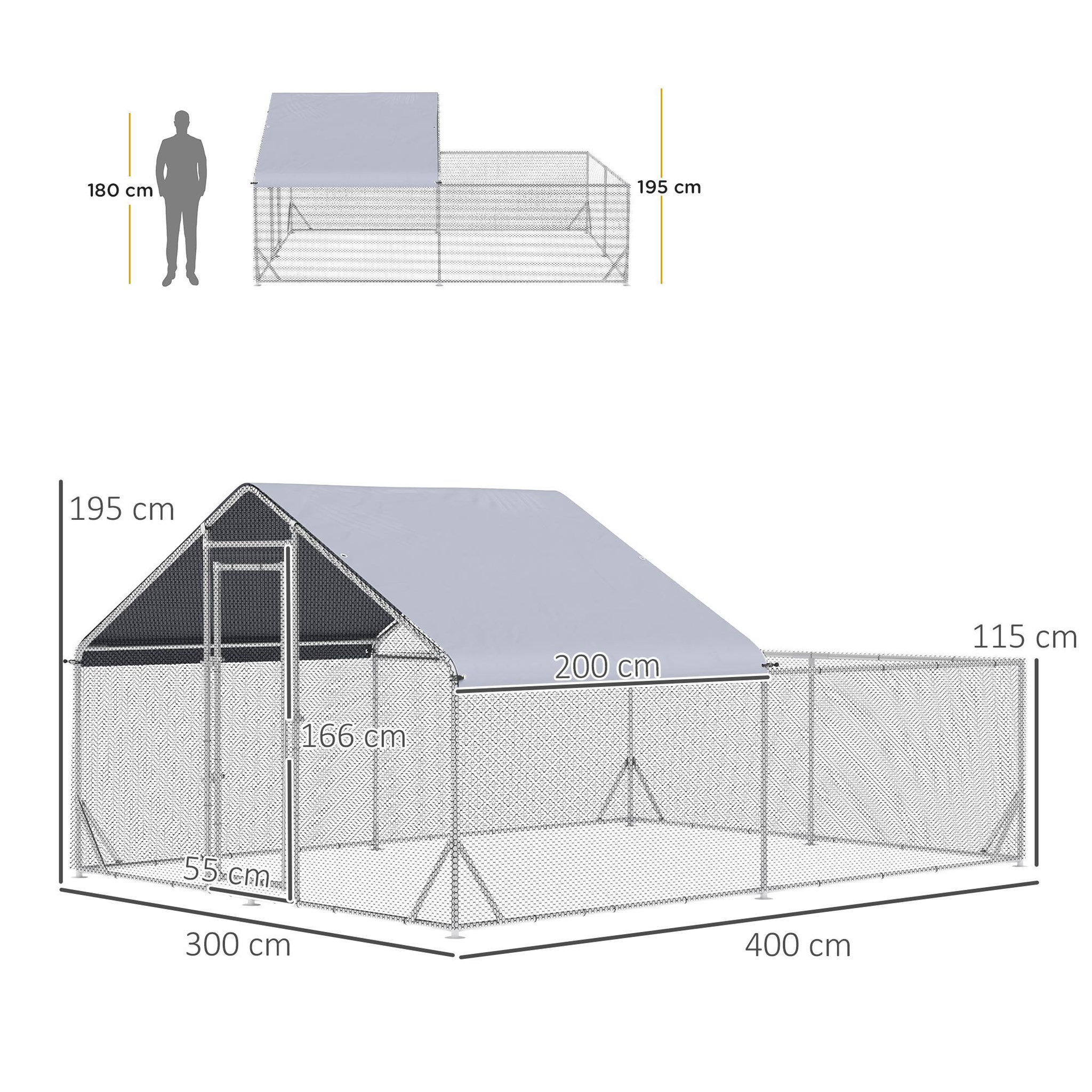 Voir la diapositive 3 : PAWHUT Enclos poulailler chenil 12 m² - parc grillagé dim 4L x 3l x 1,95H m - espace couvert - acier galvanisé