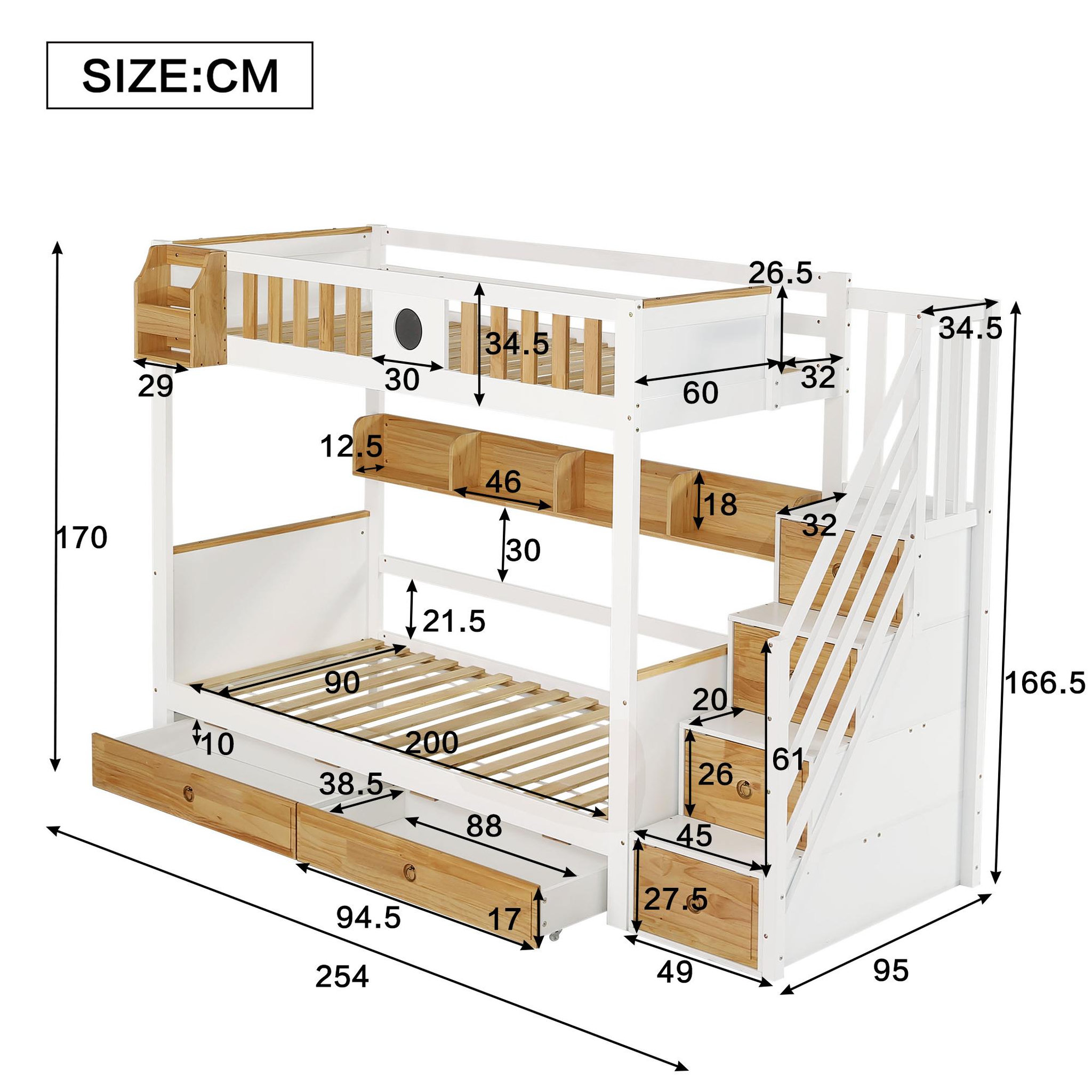 Voir la diapositive 3 : MERAX Lit superposé 90x200(120x200)cm bois et mdf coloris blanc+naturel