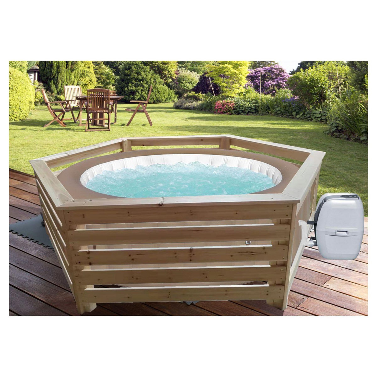 Habrita Habillage bois hexagonal pour spas et piscines gonflables - 2,63x2,09x0,71m