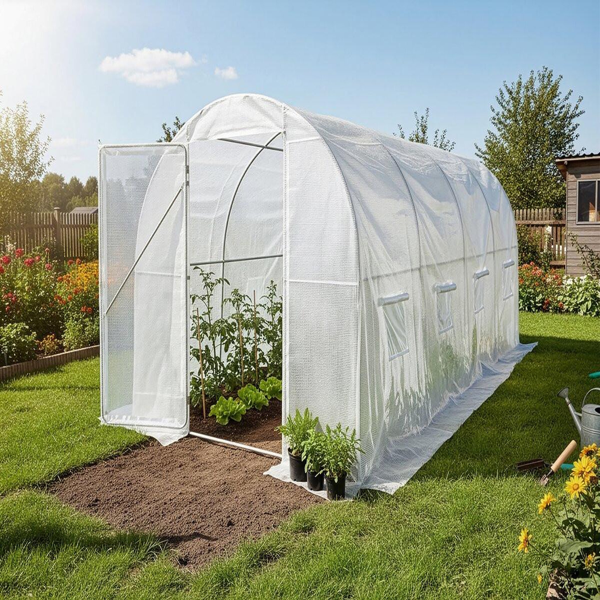 Voir la diapositive 2 : Habitat et Jardin Serre tunelle de jardin avec porte 4,5 x 2 m  mimosa  - 9 m² - 180g - blanc