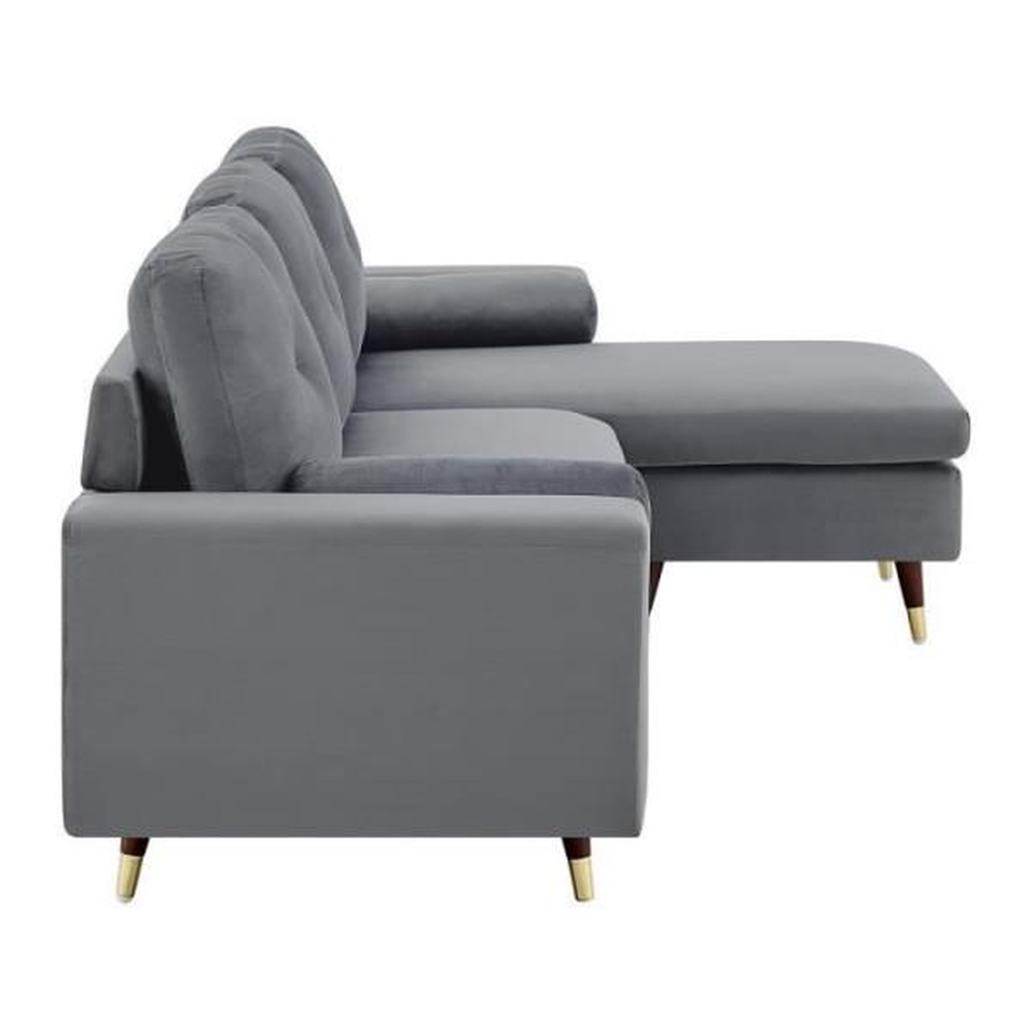 Voir la diapositive 5 : MARKET24 Canapé d'angle fixe réversible - Tissu gris - L 194 x P 139 x H 83 - Pieds bois et doré - NEW YORK