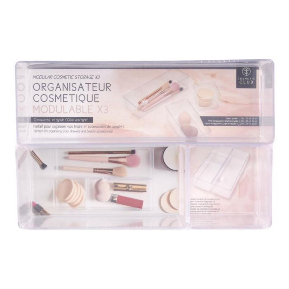 Paris Prix Lot de 3 Organisateurs de Tiroir  Cosmétique  22cm Transparent