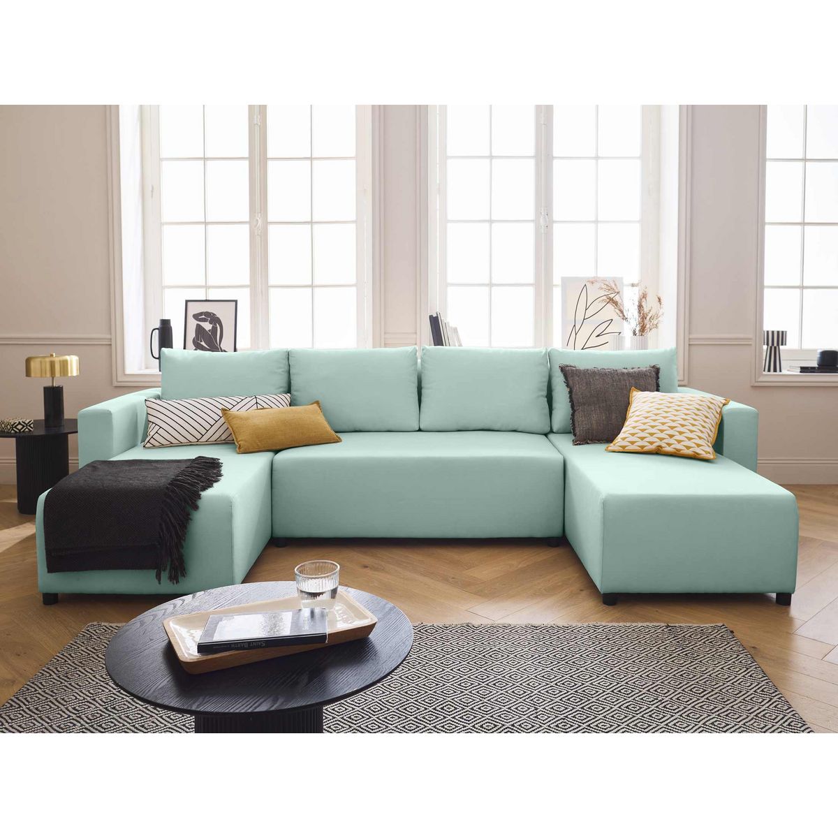 BEST MOBILIER Regala - canapé panoramique - 7 places - convertible avec coffre - en tissu