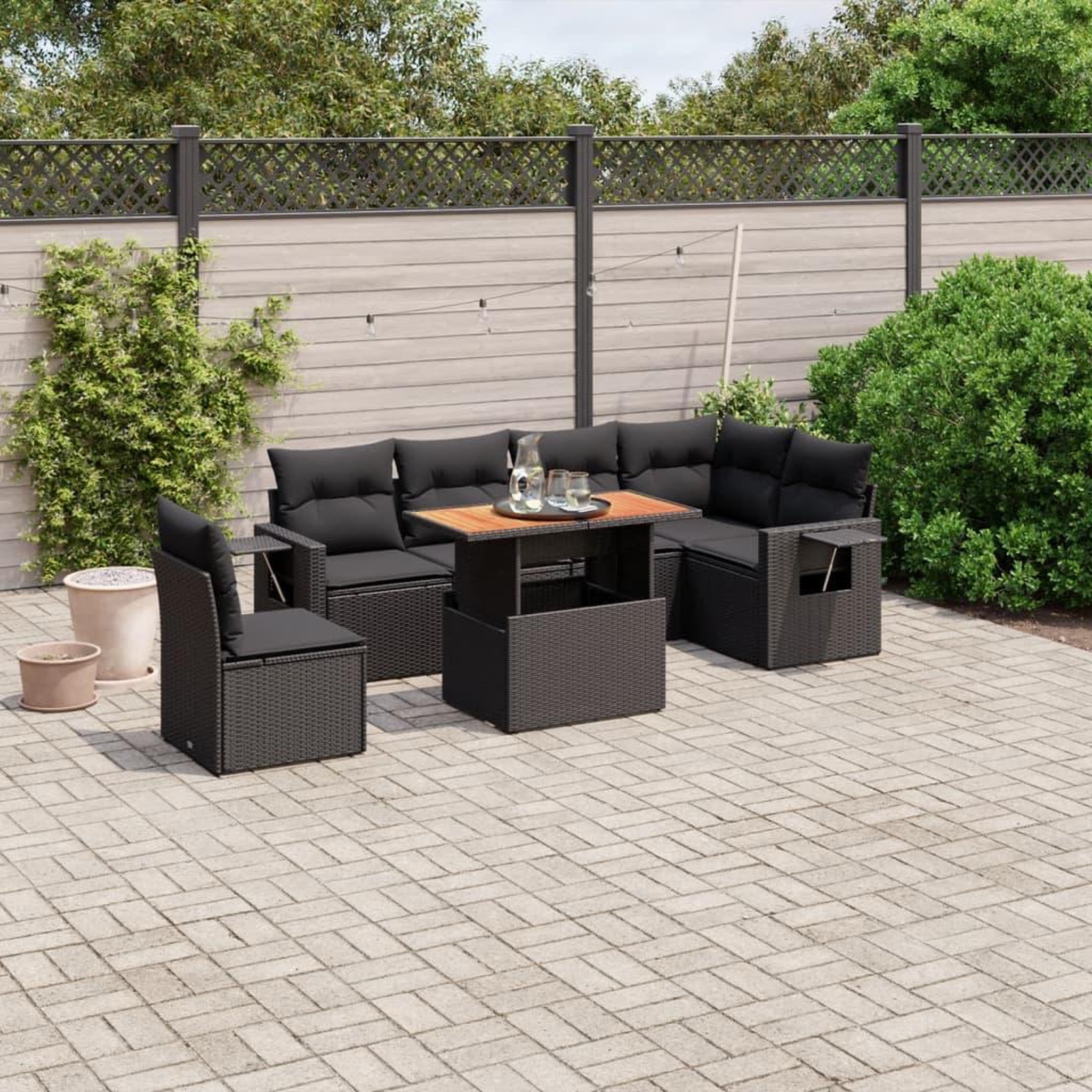 VIDAXL Salon de jardin 7 pcs avec coussins noir resine tressee